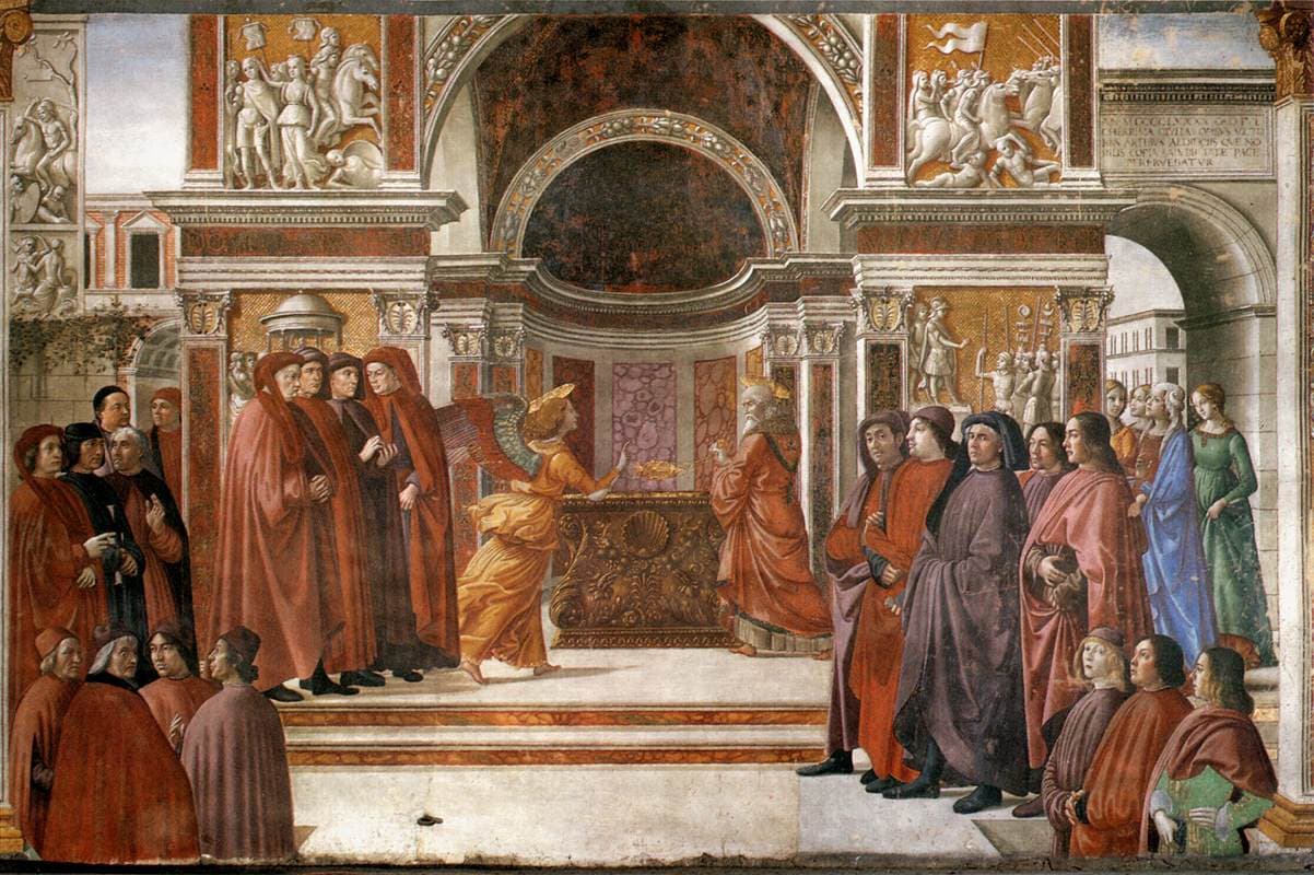 A fresco of the priest Zechariah standing at the altar of incense in a classical temple while the angel Gabriel appears beside him, and crowds of Florentine citizens stand on either side.