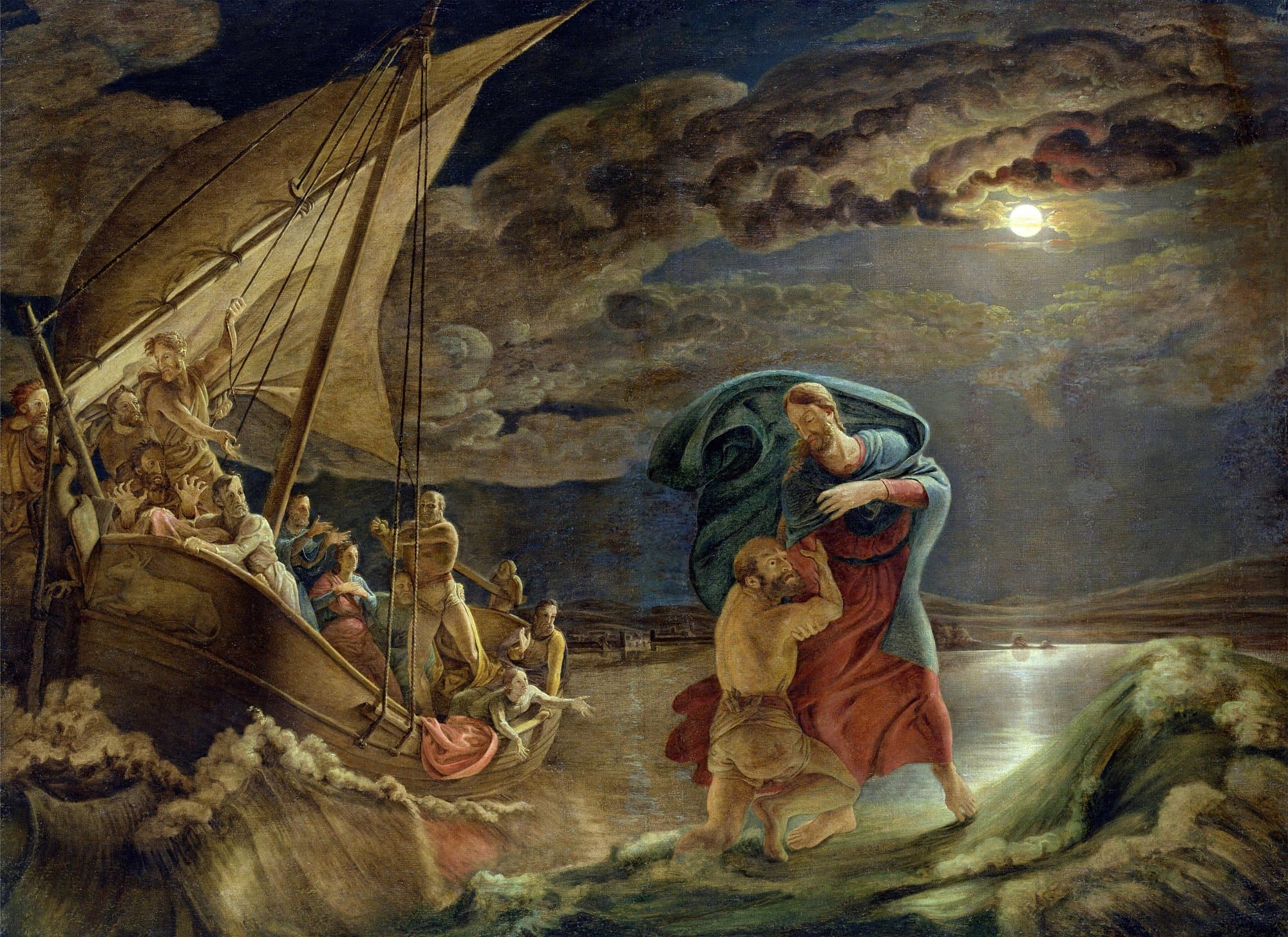 A painting shows a storm at night under a full moon. Peter, sinking into the waves, clings to Jesus, who stands on the water in a red robe and a blue cloak. In a sailing boat at the left the disciples reach out and cry out.