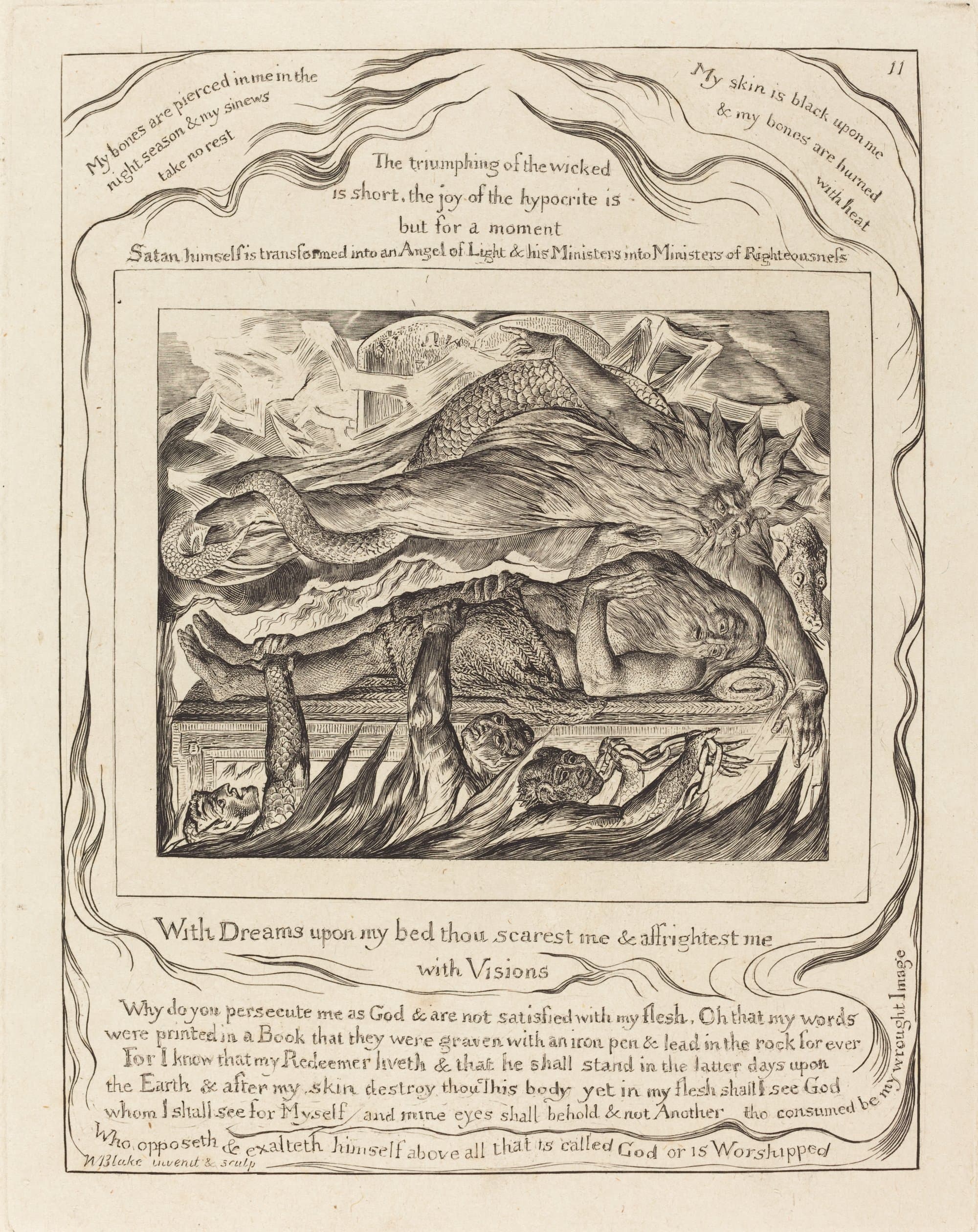 An engraving of Job lying on his bed while a figure with cloven feet, wrapped in a serpent, hovers over him and points to stone tablets, and three demons rise from flames below to seize him, inside a border of lettered verses.