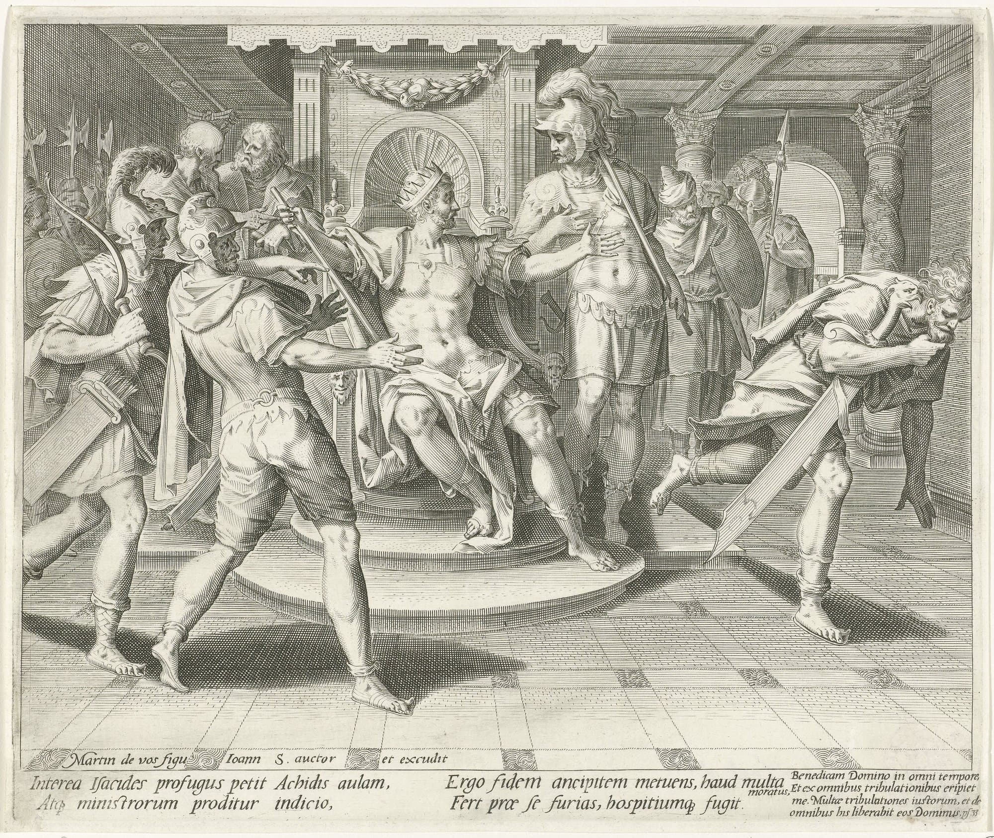 An engraving of a royal hall: a crowned king sits on a round dais among armed soldiers and courtiers, a guard beside him points across the hall, and at the right a ragged man with a sword at his side runs out bent low, with Latin verses printed beneath the scene.