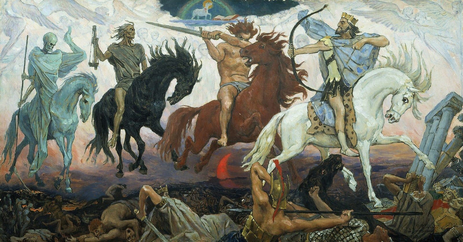 Four riders gallop across a dark sky above a fallen crowd: a crowned rider with a bow, a rider with a sword, a rider holding scales, and a skeletal rider with a scythe, with an angel above them.