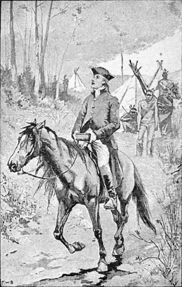 An engraving of a young man in a three-cornered hat and a long coat riding a horse along a woodland path, holding a book, with tents and Native American men standing behind him among the trees.