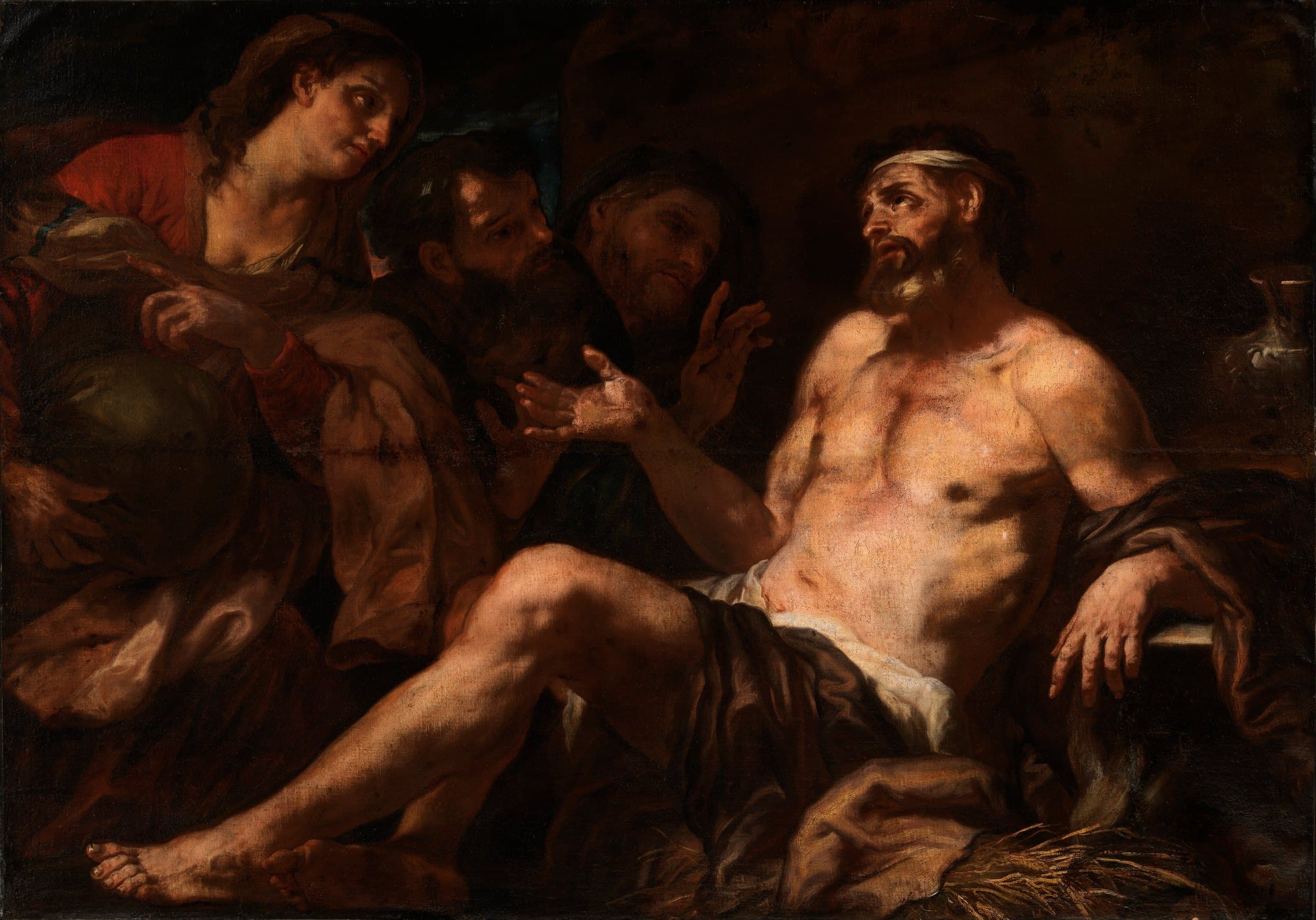 Job sits half naked on straw with a cloth bound round his head, turning to a woman and two bearded men who lean toward him out of the dark and raise their hands as they speak.