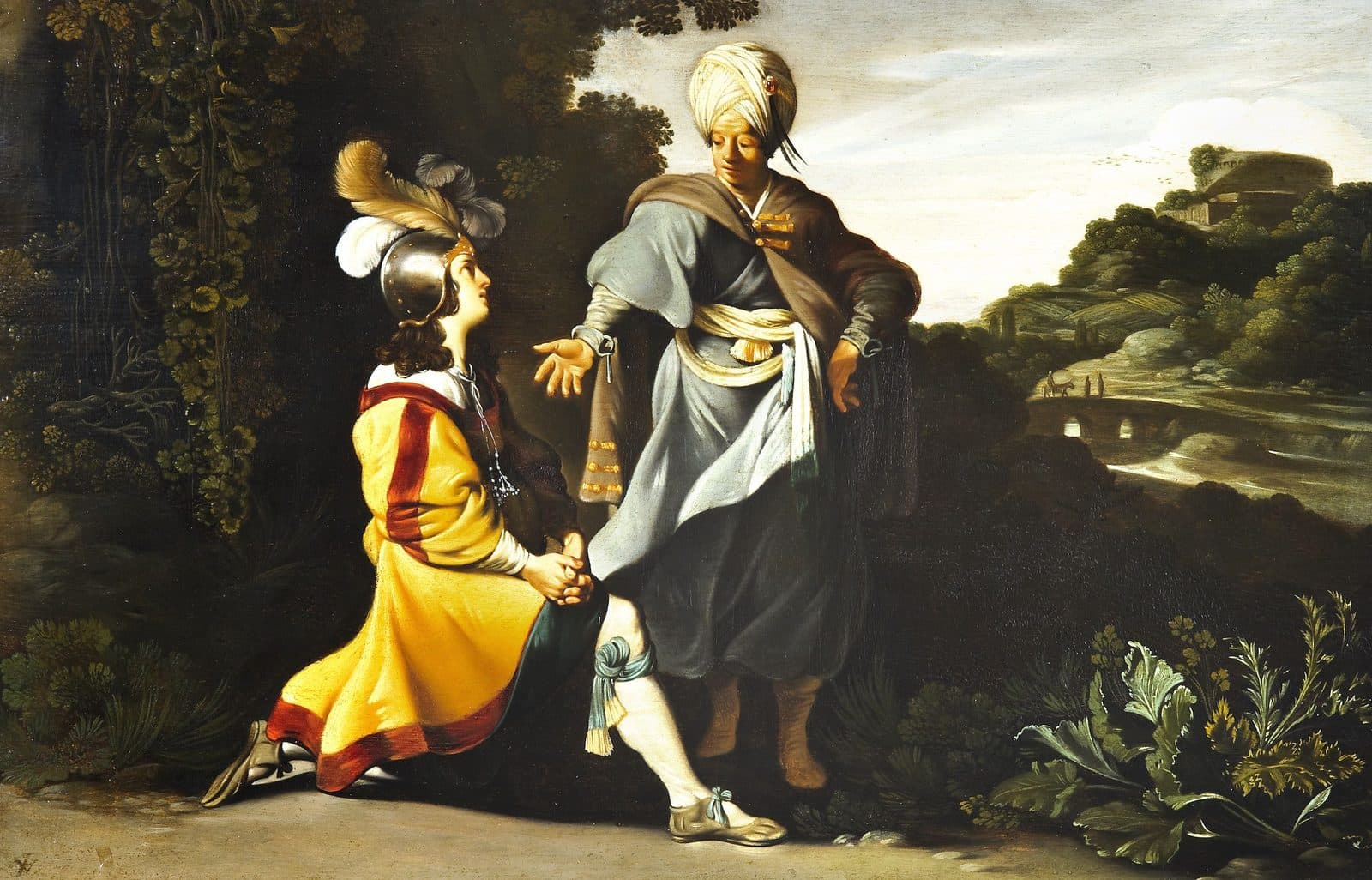 A kneeling young man in a plumed helmet and a yellow cloak looks up at a turbaned man who stands over him with an open hand, on a wooded road above a river valley.