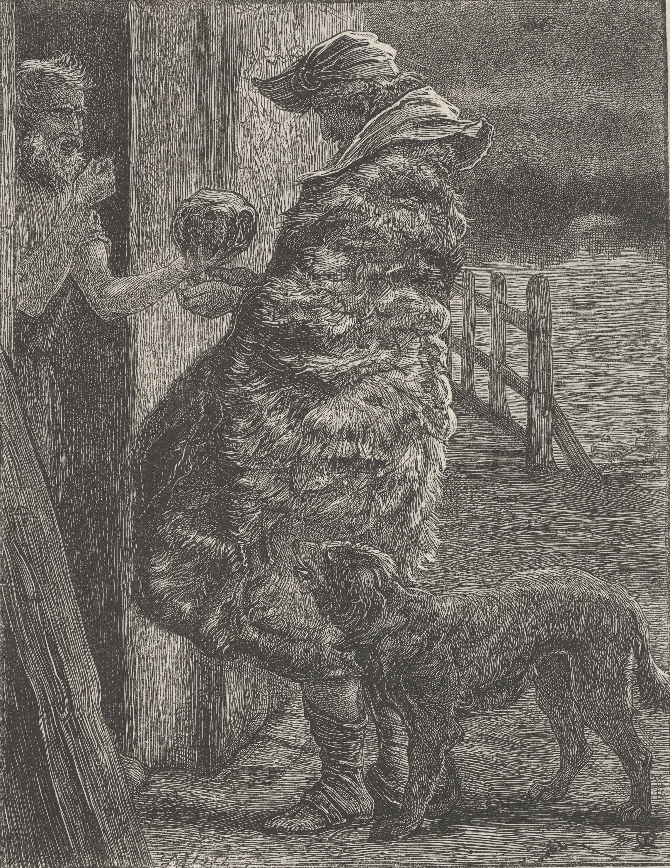 A wood engraving of a man wrapped in a heavy sheepskin cloak standing at a doorway at night with a dog at his feet, while a bearded old man leans out of the door and hands him a round loaf.