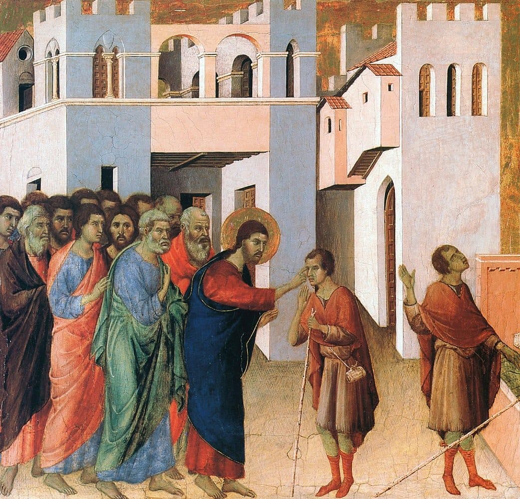 Jesus, with His disciples crowded behind Him, touches the eyes of a blind man holding a staff in the street of a walled town; at the right the same man stands beside a basin of water, his staff dropped, looking up with his hands raised.