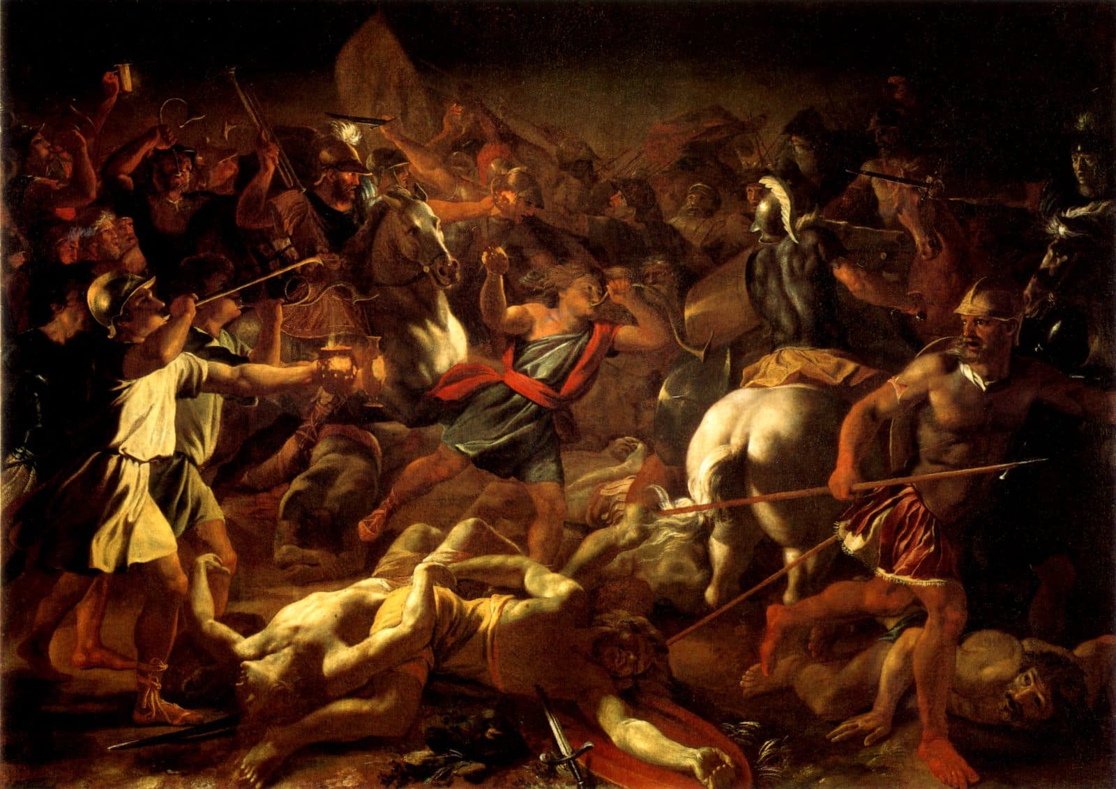 A crowded night battle: soldiers with torches and jars press in from the left, a young man blows a horn at the centre, horses rear, and the fallen lie across the ground