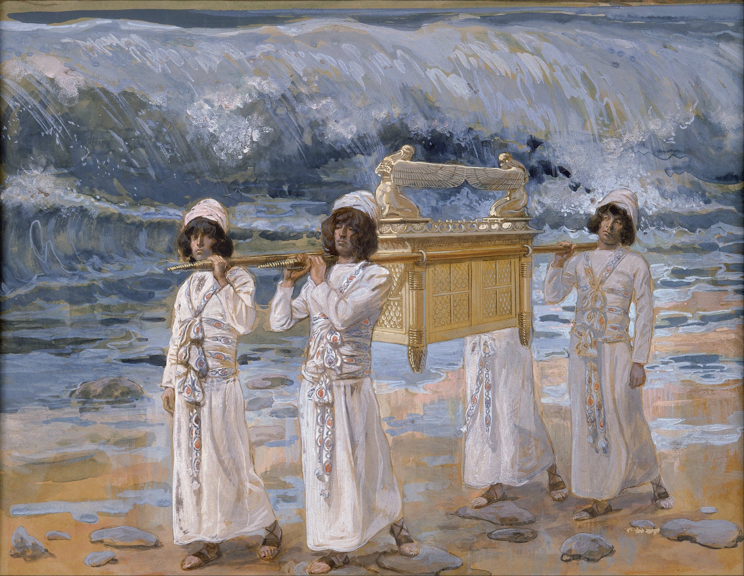 Four young priests in white robes and turbans carry a golden chest with two winged figures on its lid on poles across their shoulders. They walk over a stony riverbed while a towering wall of blue water rises behind them.