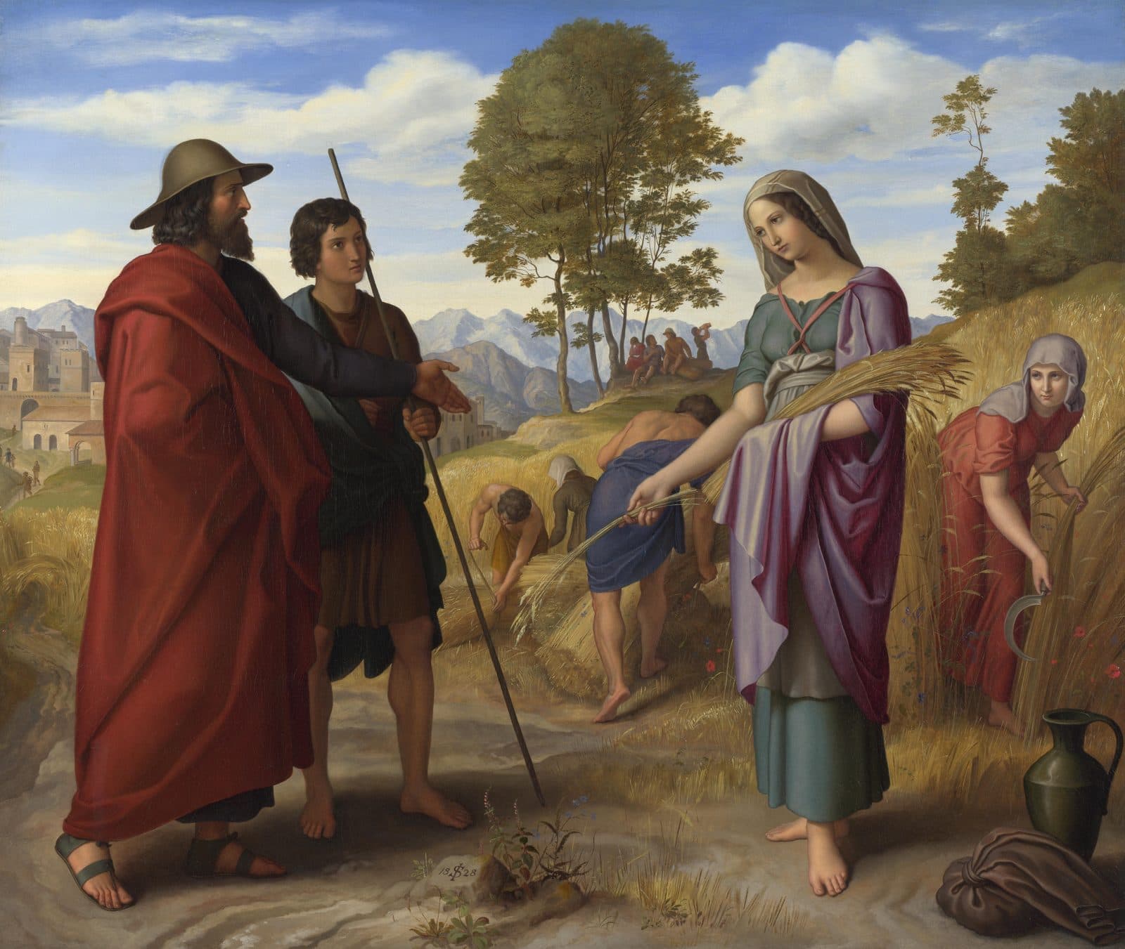 Ruth stands barefoot in a wheat field holding an armful of stalks, facing Boaz in a red cloak and a broad hat beside a young man with a staff, while reapers bend over the grain behind them.