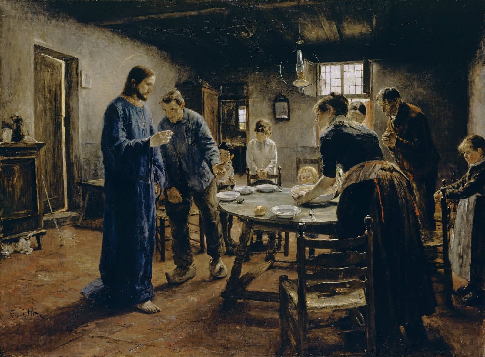 In a plain farmhouse room lit by a small window, a family stands around a round table set with bowls and a loaf, the children and the old man with folded hands, while the mother bends over the soup bowl. At the left Christ in a long blue robe has come in barefoot, and the father in a workman's jacket and wooden shoes turns to welcome Him.