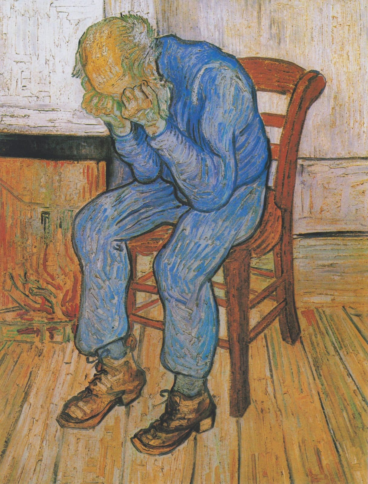 A painting of a bald old man in a blue suit and brown boots sitting bent forward on a wooden chair beside a fire, his face buried in his fists.