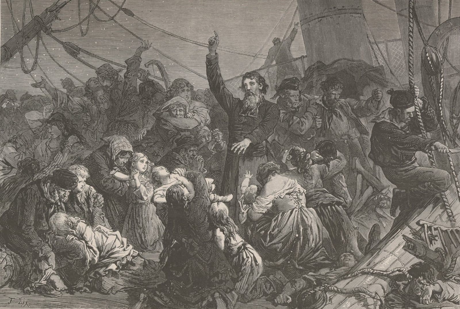 An engraving of a crowded ship's deck at night, where a bearded man in a long coat raises one hand while women and children kneel and cling to one another around him and a sailor hauls on the rigging.