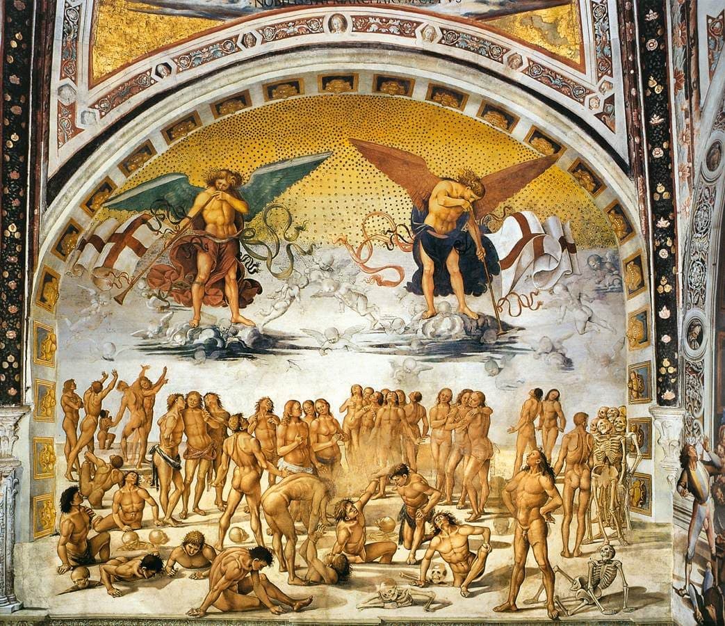 An arched fresco in which two winged angels on clouds blow long trumpets hung with banners of a red cross, while below them naked men and women climb out of the ground, some still half buried and some still skeletons.
