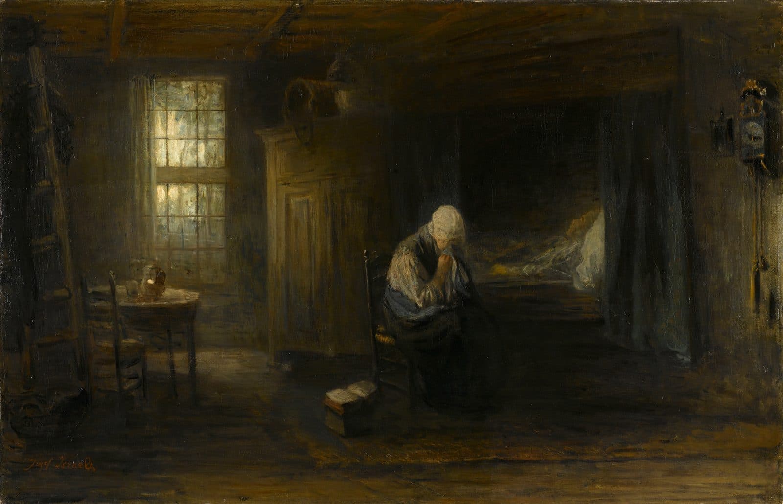 A dark cottage room where an old woman in a white cap sits on a chair with a handkerchief to her face, beside a curtained bed where a body lies under a white sheet, with light from a window on a small table.
