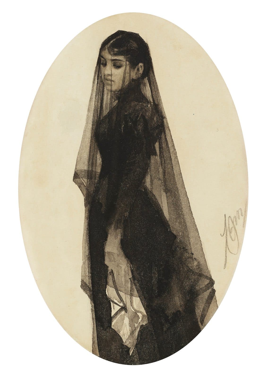 A watercolour in an oval of a young woman in a black dress standing turned to one side under a long sheer black veil, her eyes lowered and a white cloth held at her side.