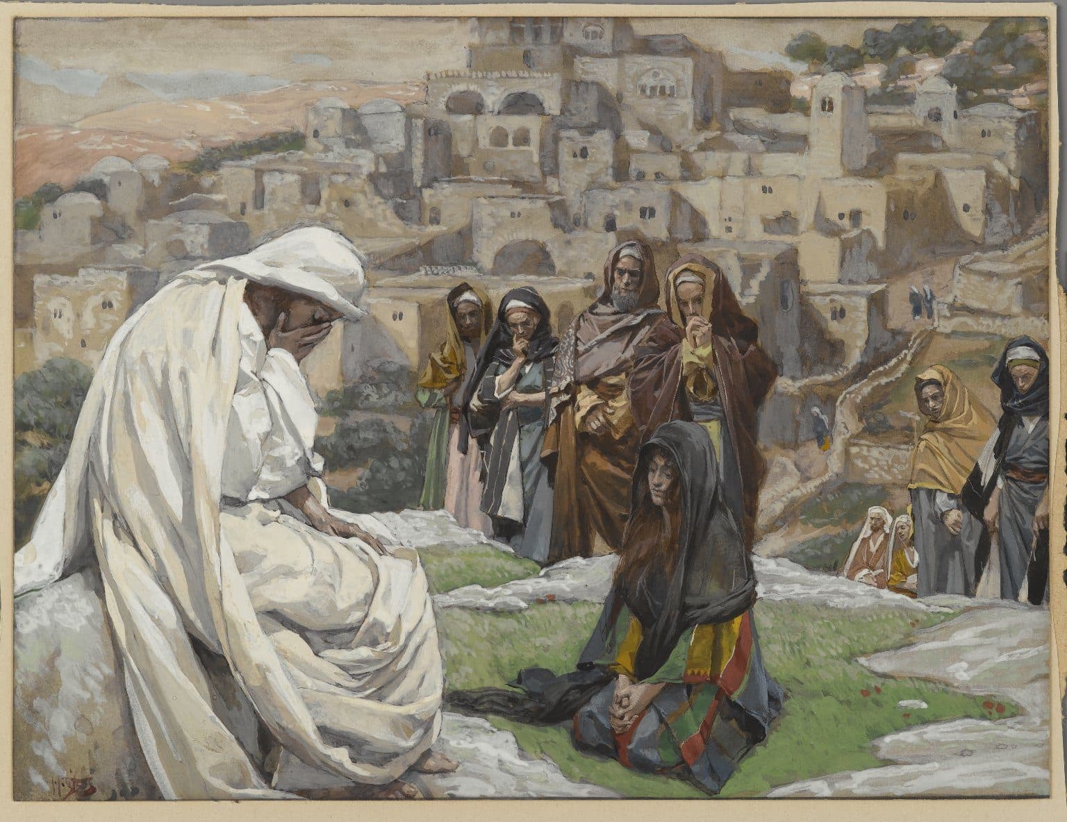 Jesus in a white robe sits on a rock with His face in His hand, and a veiled woman kneels before Him while mourners stand behind her.