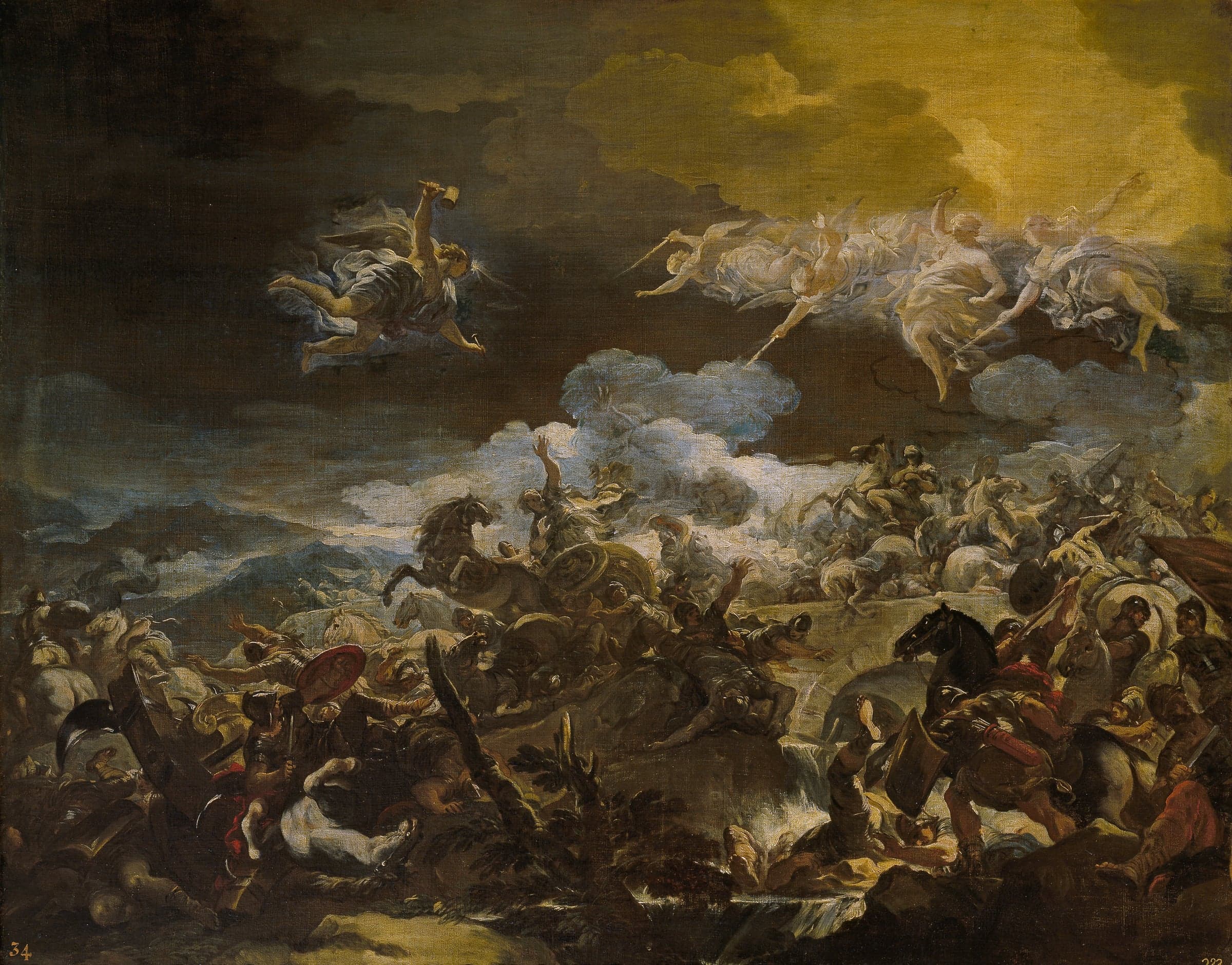 A battle under a dark, stormy sky. Horsemen and chariots crash together across a rocky plain cut by a stream, fallen soldiers lie in the foreground, and angels with raised arms rush through the clouds above.