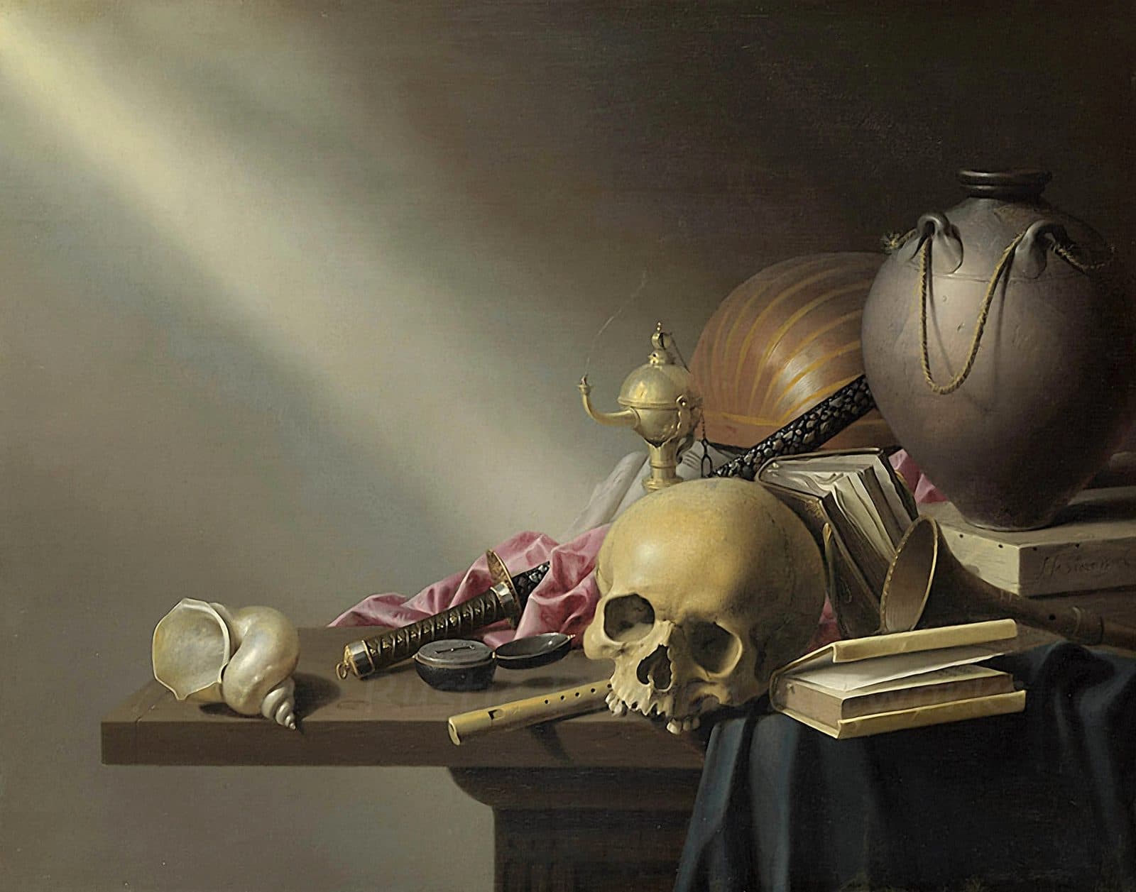 A skull on a table among books, a shell, a flute, a sword and a stoneware jar, with a thin line of smoke rising from a brass lamp just put out, under a shaft of light