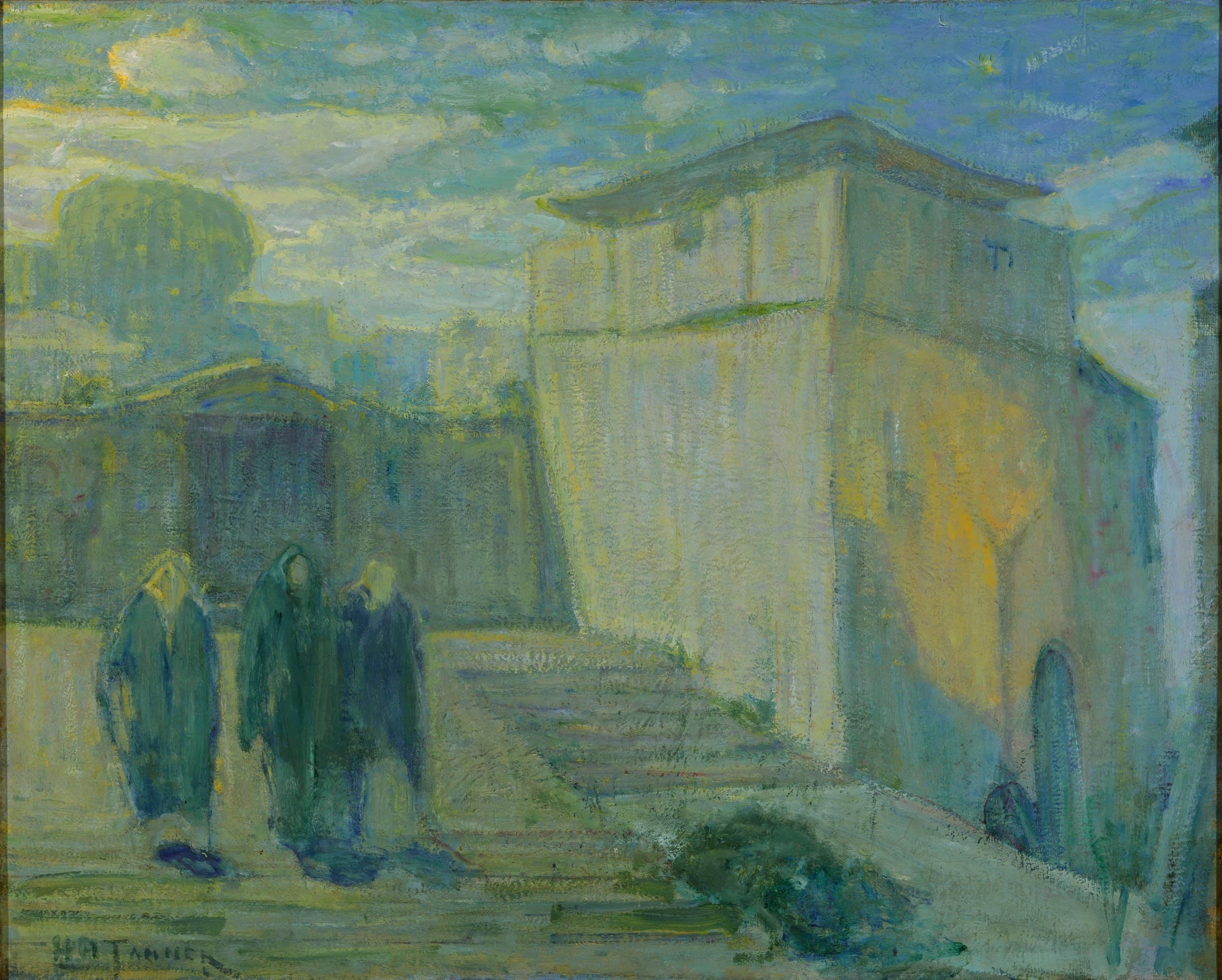Three robed figures in dark green go down a broad flight of stone steps at night below a tall pale stone building lit by the moon, with a lower building, a dark rounded tree and a blue-green sky behind them