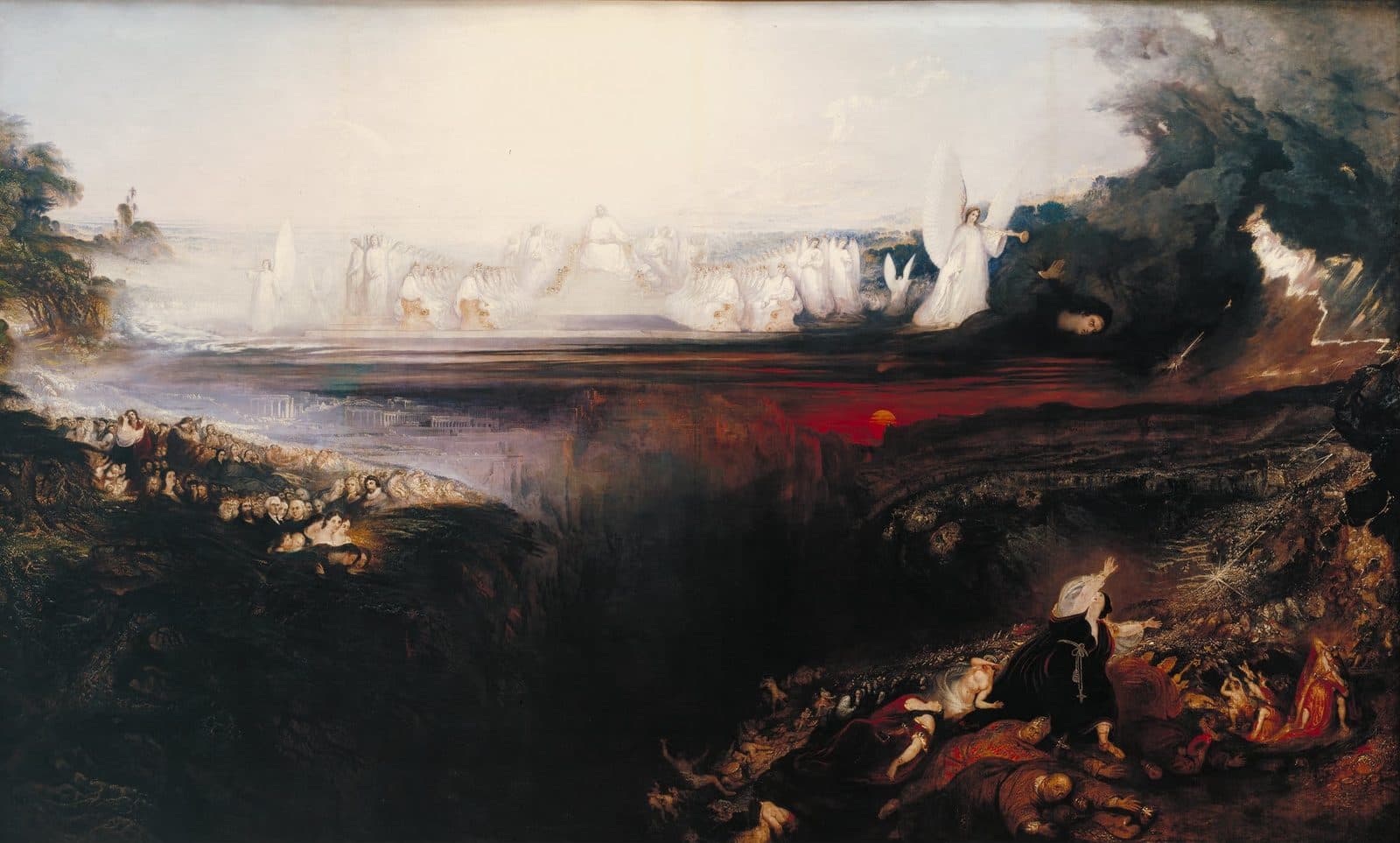 John Martin's painting of the Last Judgement: a white host around a throne in the bright sky above, a dark chasm across the middle, and a crowd falling into fire at the lower right