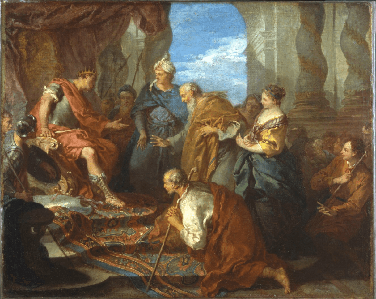 A crowned king in a red cloak sits on a draped throne and reaches toward a white-bearded old man in a gold cloak who bows before him, while a young man in a white turban and blue robe presents the old man, a second old man kneels with a staff on a patterned carpet, and a young woman in yellow stands beside them under twisted columns.