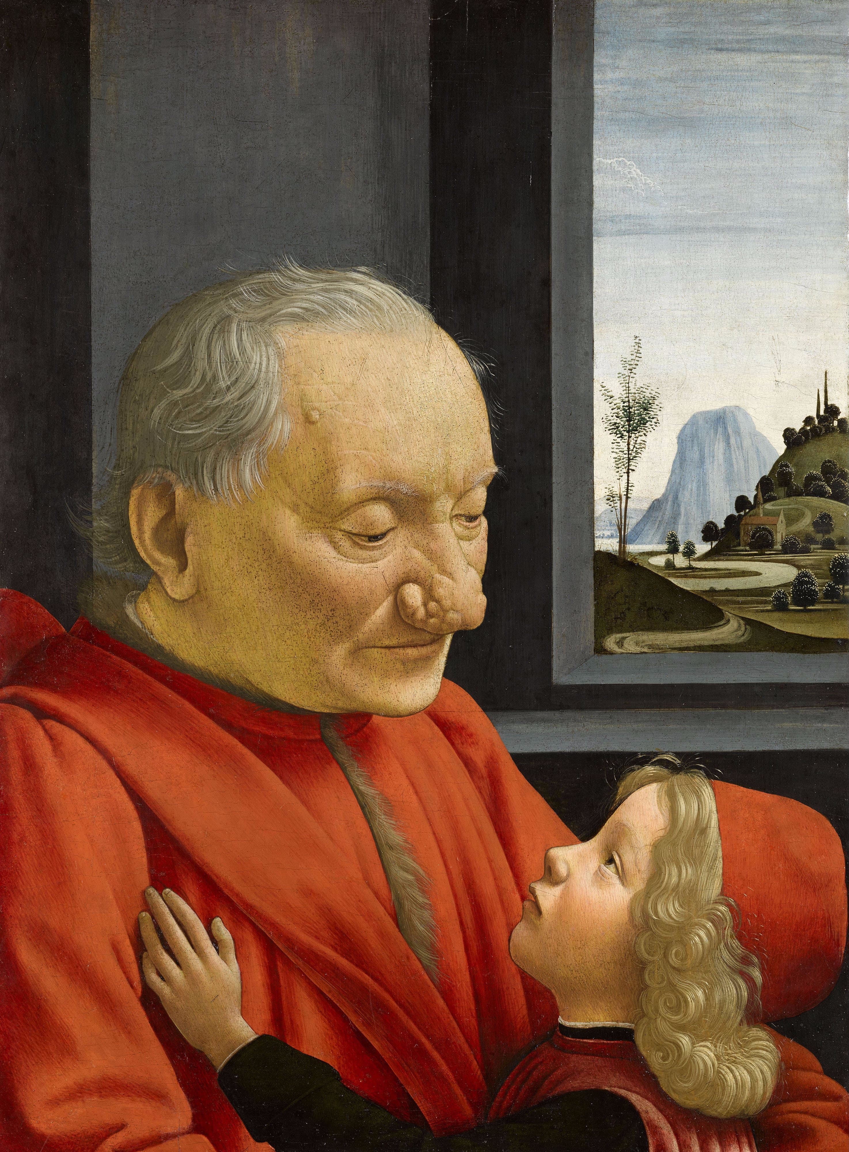 An old man with grey hair and a lined face, dressed in a red robe trimmed with fur, looks down tenderly at a fair-haired boy in a red cap who leans against his chest and gazes up at him, beside a window that opens on a winding road, trees and a pale mountain.