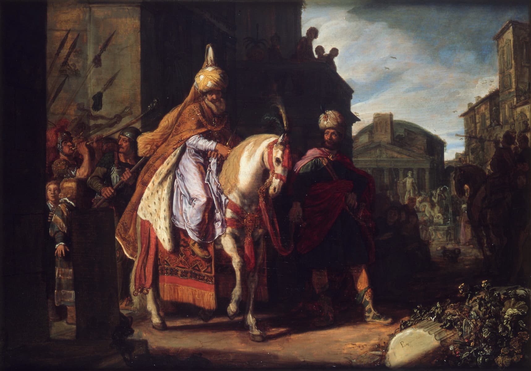 A white-bearded man in a tall turban and a gold cloak rides a white horse out of a palace gate, led by a man in a dark robe and turban, while soldiers blow trumpets behind him and a crowd watches in a square with a domed temple.