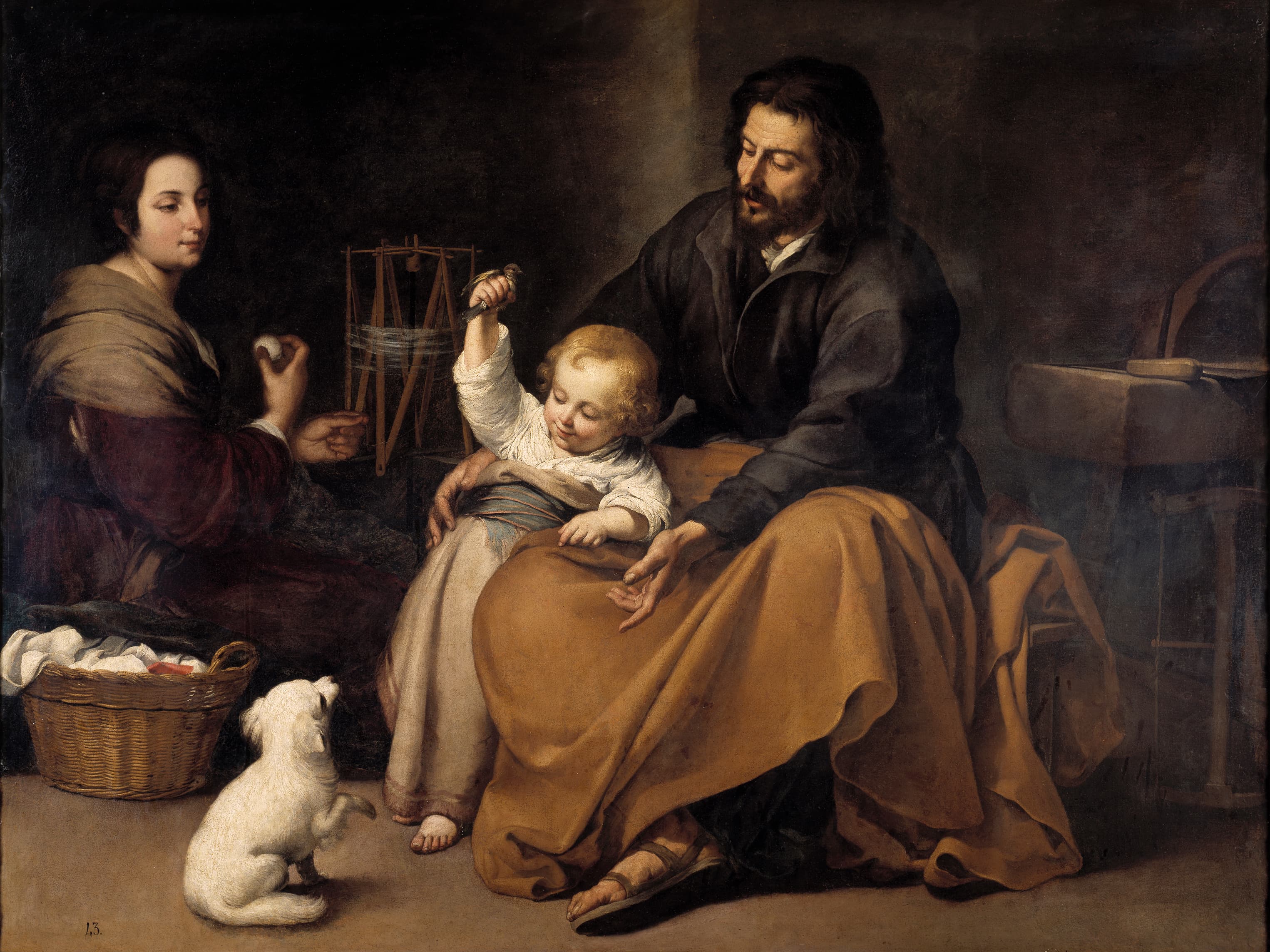 In a dim workshop Joseph sits with the young Jesus standing against his knee; the child holds a small bird up out of reach of a white dog that sits up begging, while Mary, seated at a spinning frame with a basket of linen beside her, looks on.