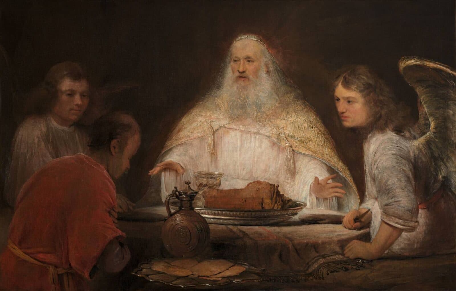 Aert de Gelder's painting of a white-bearded figure in a pale robe seated at a table set with a roast, a jug and flat bread, with a winged angel at the right, a young man behind, and a man in a red robe bowing at the left
