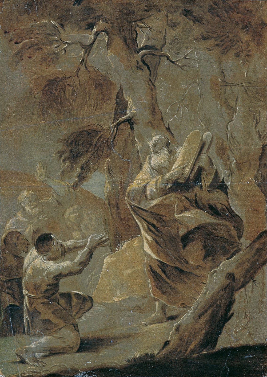 Moses, white-bearded and barefoot, holds the two tablets beside a tree on the mountainside. Below him a young man kneels with his arms raised, and older men behind him lift their hands.