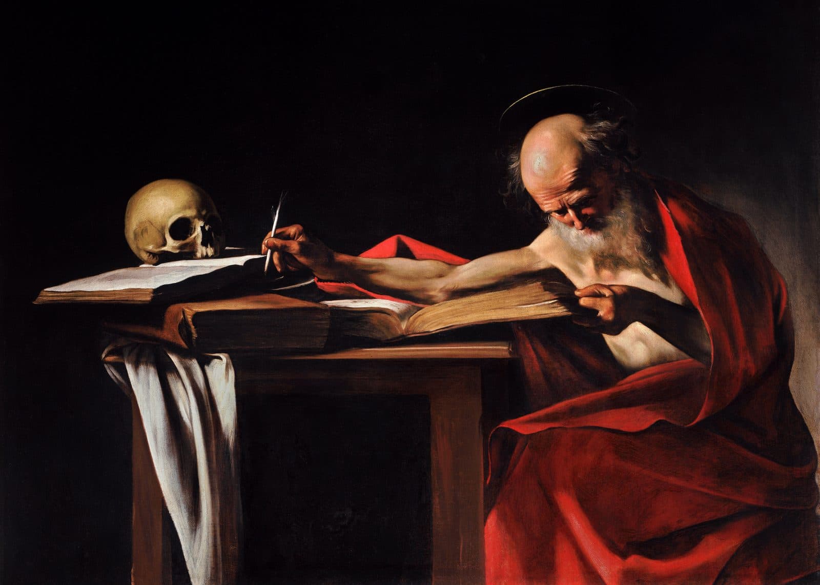 Caravaggio's Saint Jerome Writing: Jerome reads at a table, his pen reaching for the inkwell, a skull beside him
