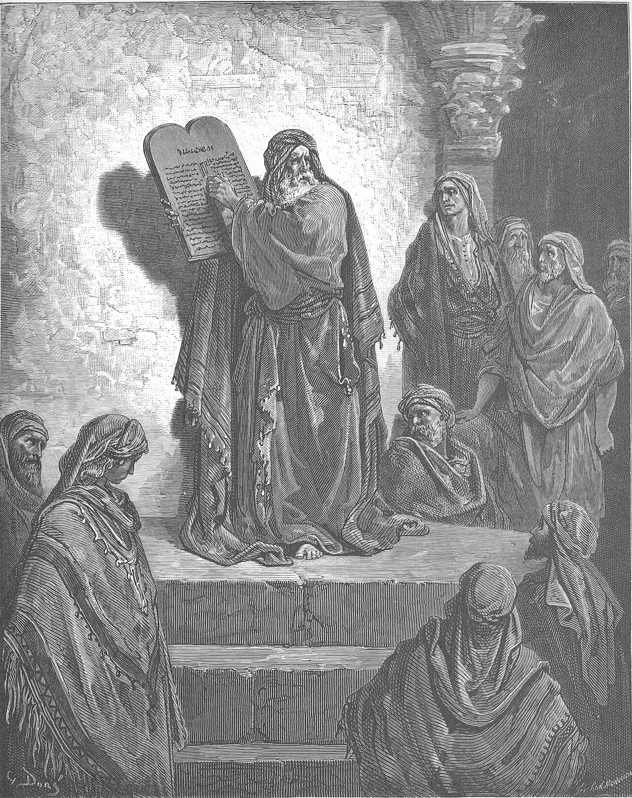 Doré's engraving of Ezra on a raised stone platform, holding up tablets of the Law and pointing to the writing, the people gathered below him