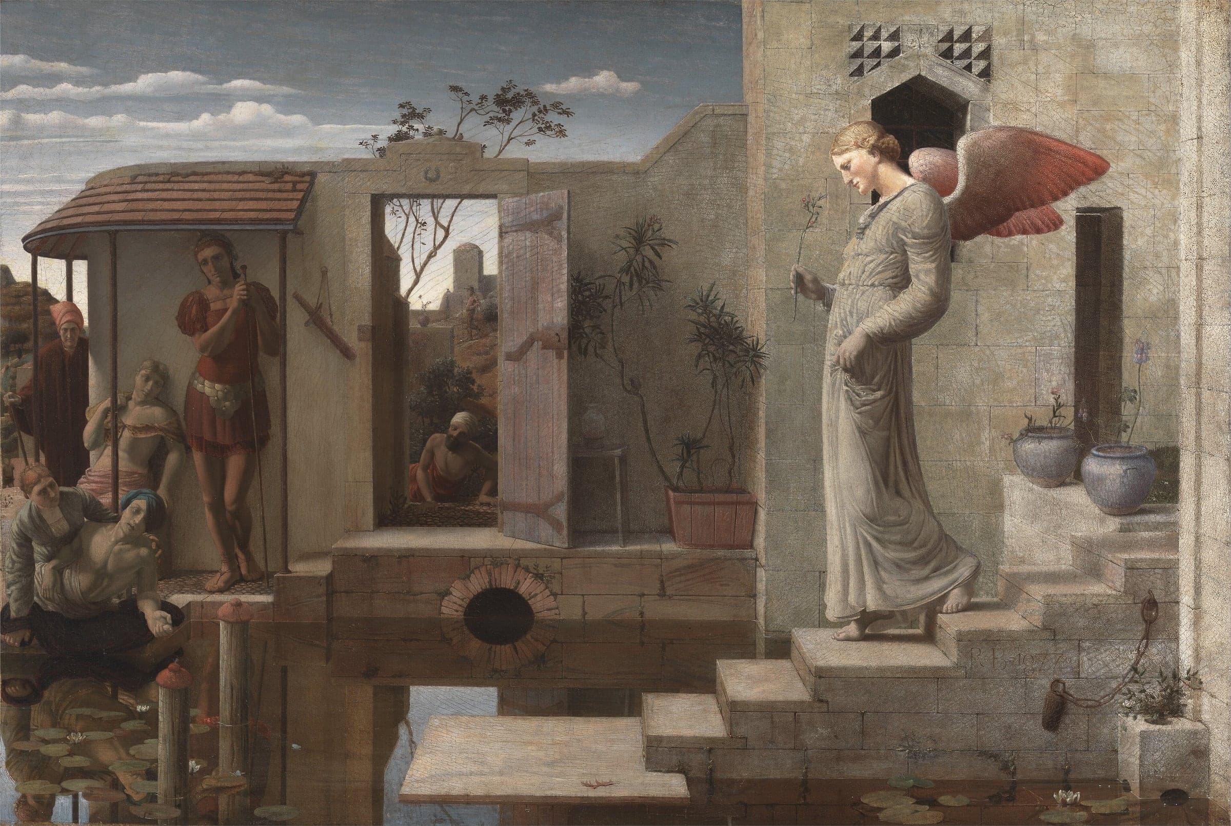 A painting of a winged angel in a long grey robe stepping down stone stairs toward a pool, while sick men lie at the water's edge under a tiled porch.