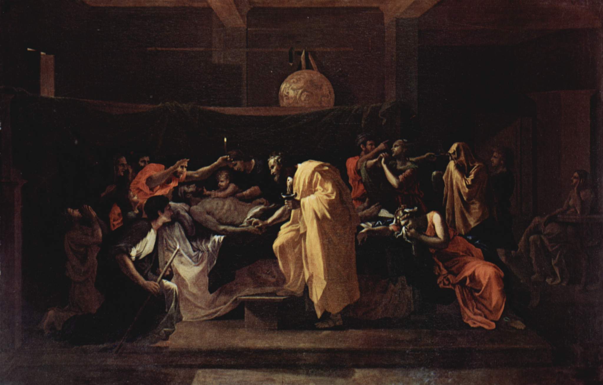 In a dark room under a hanging lamp, a dying man lies on a bed while a priest in a yellow robe anoints his hand, a child leans over him, and family and attendants kneel, weep and point around the bed by candlelight.
