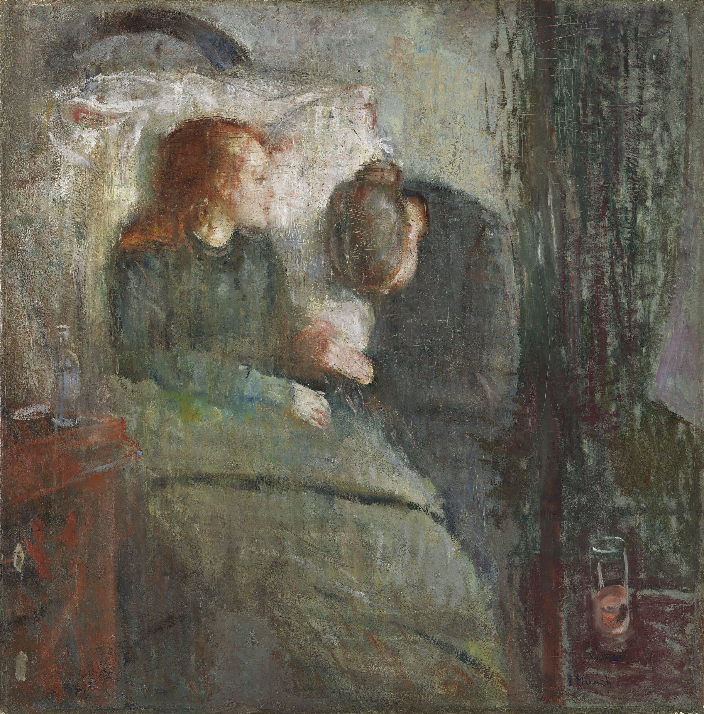 A pale girl with red hair sits propped against a large white pillow in a sickbed. She turns toward a dark-haired woman who bows her head beside her and holds her hand.