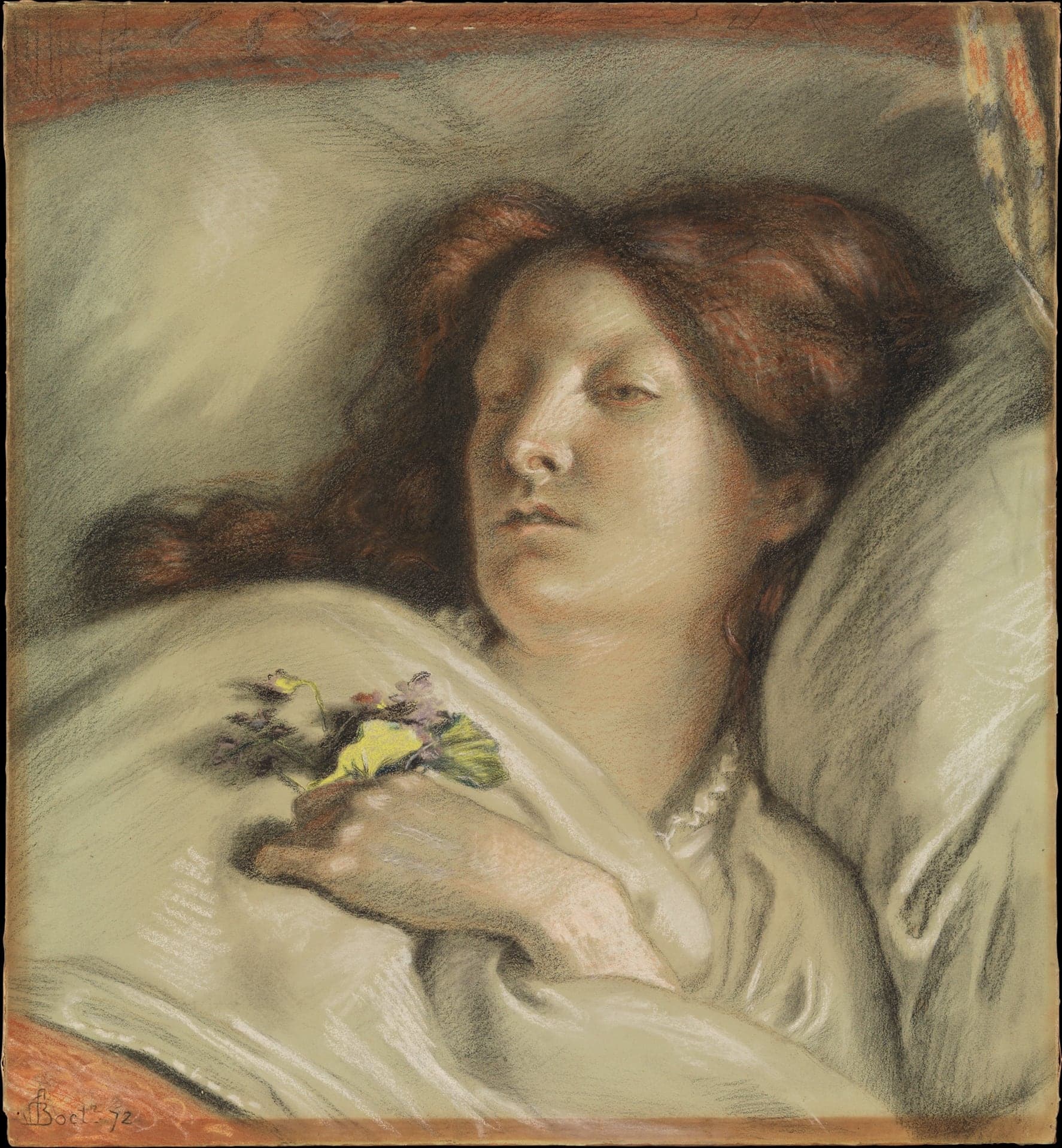 A pastel drawing of a pale woman with red hair lying back on white pillows with her eyes half closed, holding a small bunch of violets and a yellow flower against the sheet.