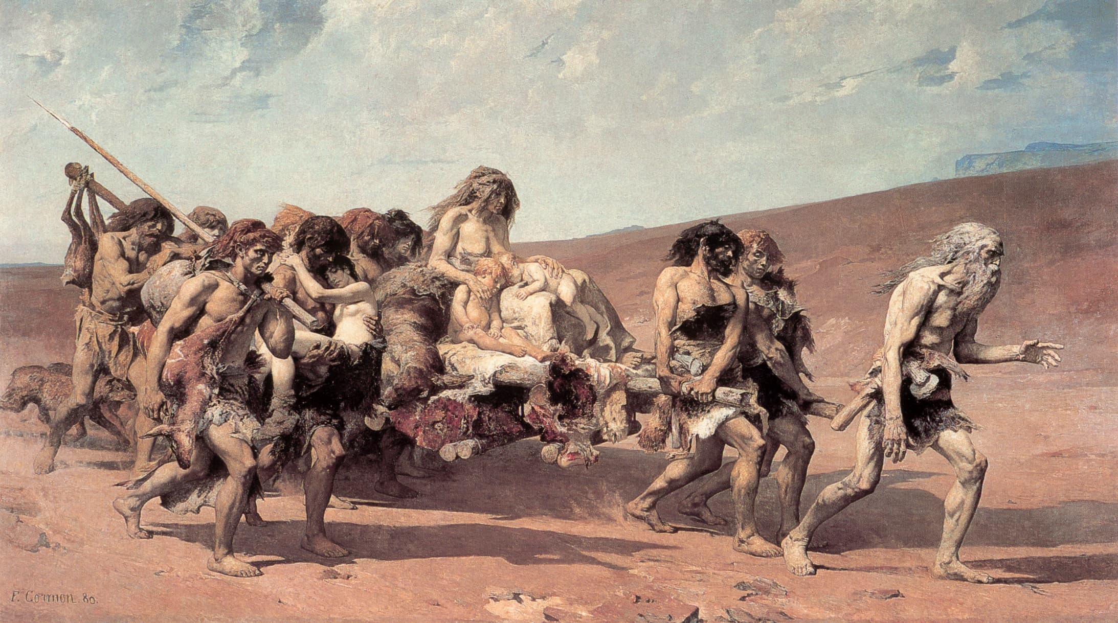 Across a bare desert under a pale sky, a gaunt white-haired man in skins strides ahead with his arms out, while behind him a band of half-clad men carry women and children on a litter of hides, with spears raised and a dog beside them.