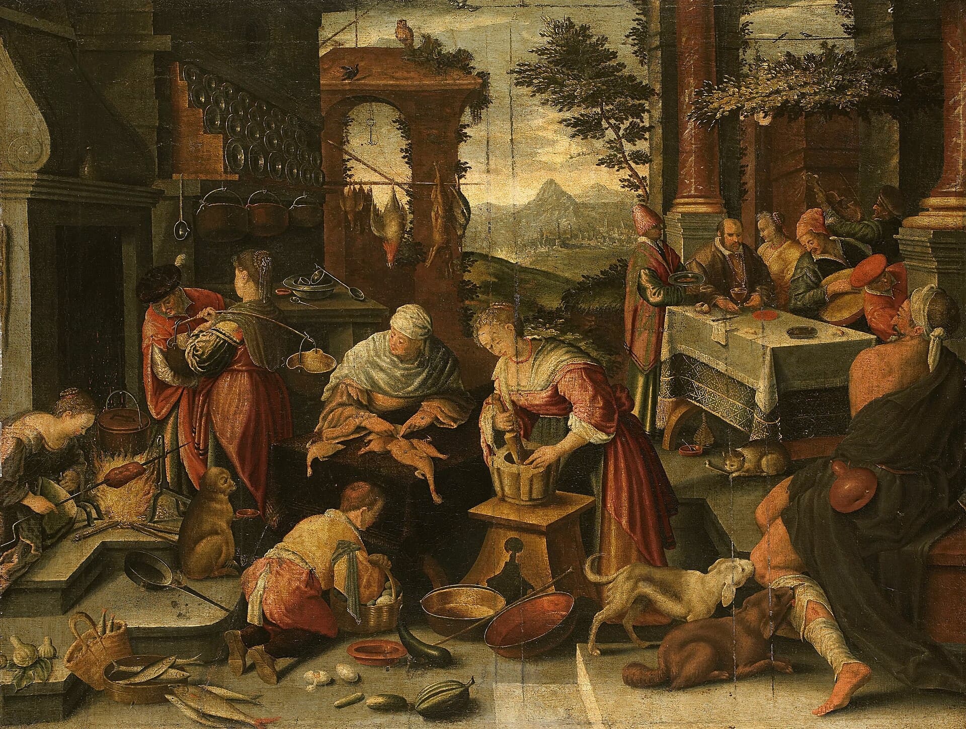 In a crowded kitchen and courtyard, cooks pluck fowl, pound a mortar and turn a spit by the fire while a rich man feasts with guests and musicians at a covered table under a colonnade, and at the right edge a beggar with bandaged legs sits on the ground as two dogs lick his sores.