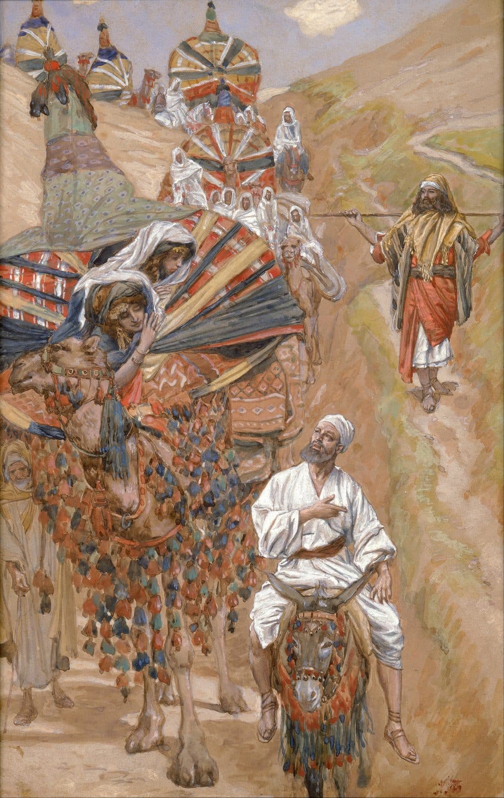 James Tissot's painting of a caravan of camels with striped canopies coming down a dry hillside path; Rebekah, on the front camel, draws her veil across her face, the old servant rides a donkey below her with his hand on his chest, and Isaac stands on the path at the right with a staff across his shoulders