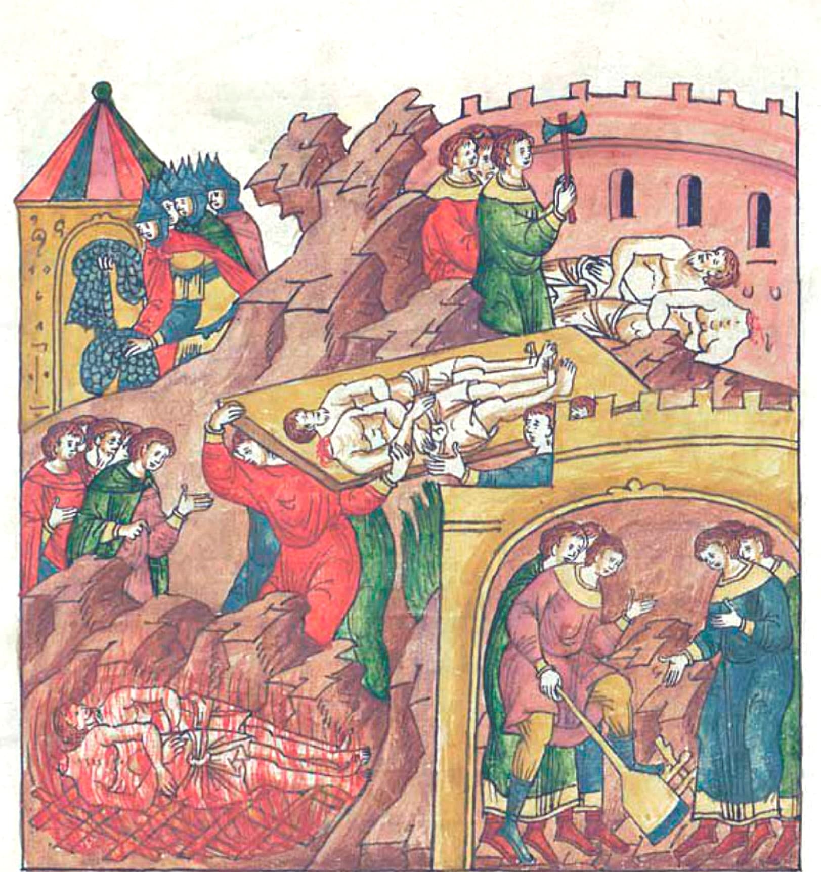 Men in red and green robes lift two pale bodies down from a crenellated city wall and carry them on a board down a rocky slope. Below on the left the bodies lie on a red fire, and in an arch on the right men dig a grave with a spade.