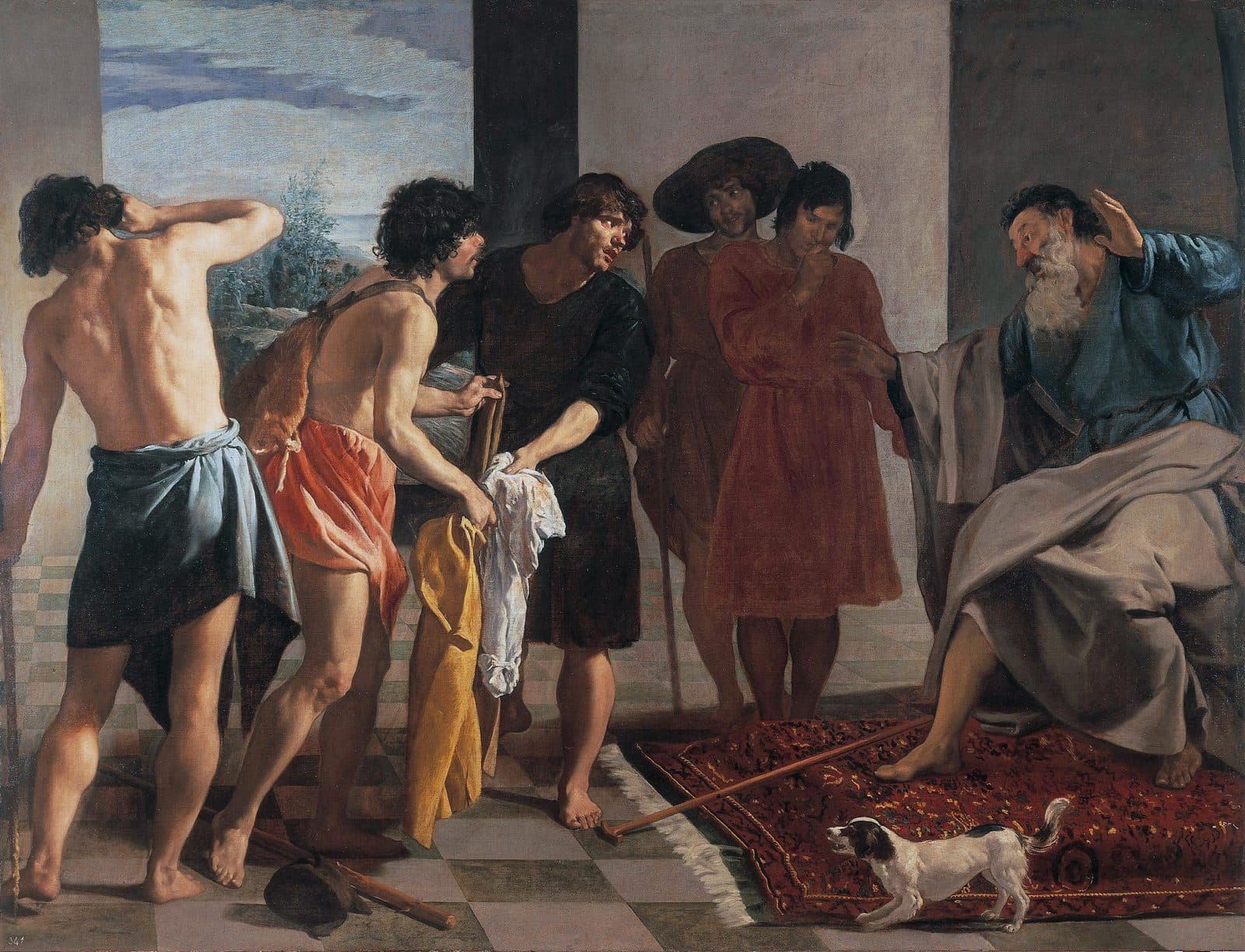 Velázquez's painting of Joseph's brothers in a tiled room, one holding out the bloodstained robe toward their father, who sits on a red carpet at the right with one hand raised, while a small dog barks at the brothers