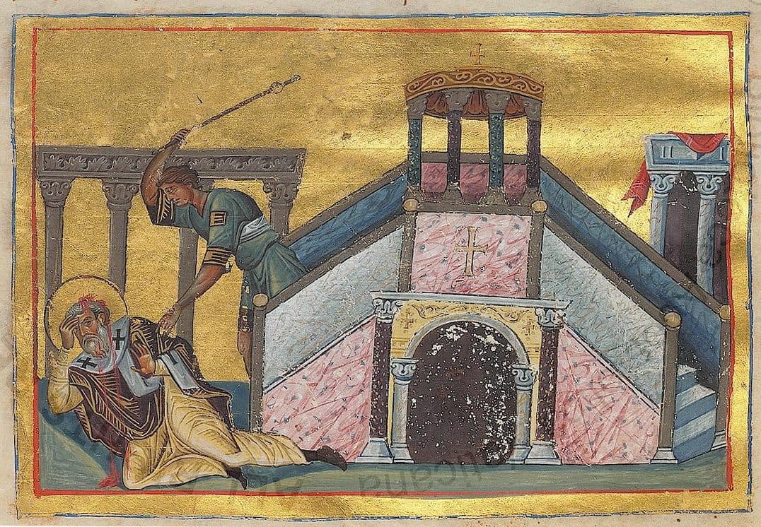 An old man with a halo lies fallen and bleeding at the foot of a domed temple stair while a young man in a green tunic raises a club over him, on a gold ground