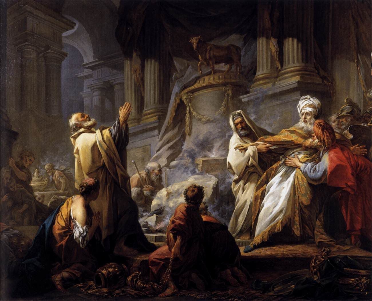 Fragonard's painting of the altar at Bethel: a golden calf stands on a high pedestal, the altar below it lies broken and smoking, an old prophet lifts his hands in prayer, and the robed king staggers back into the arms of his attendants while the crowd kneels