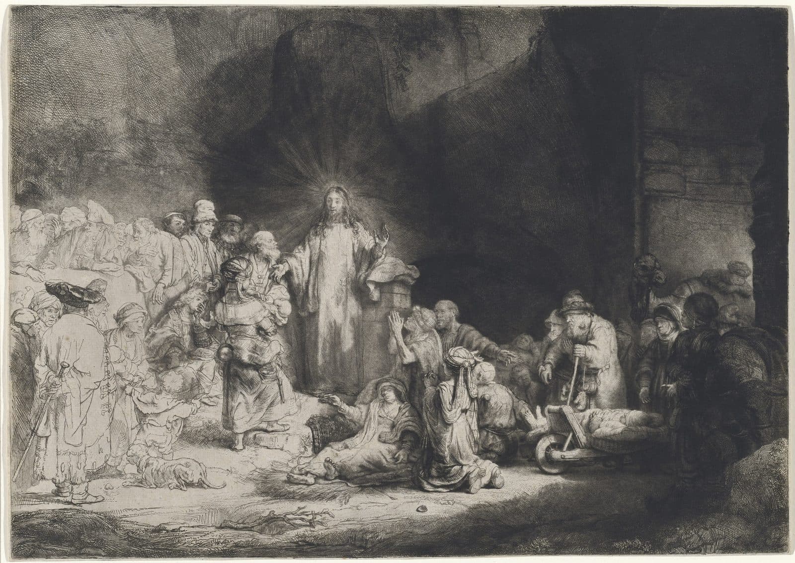 An etching of Jesus standing in light among a crowd, listeners gathered on the left and the sick laid on the ground and brought on a barrow at the right