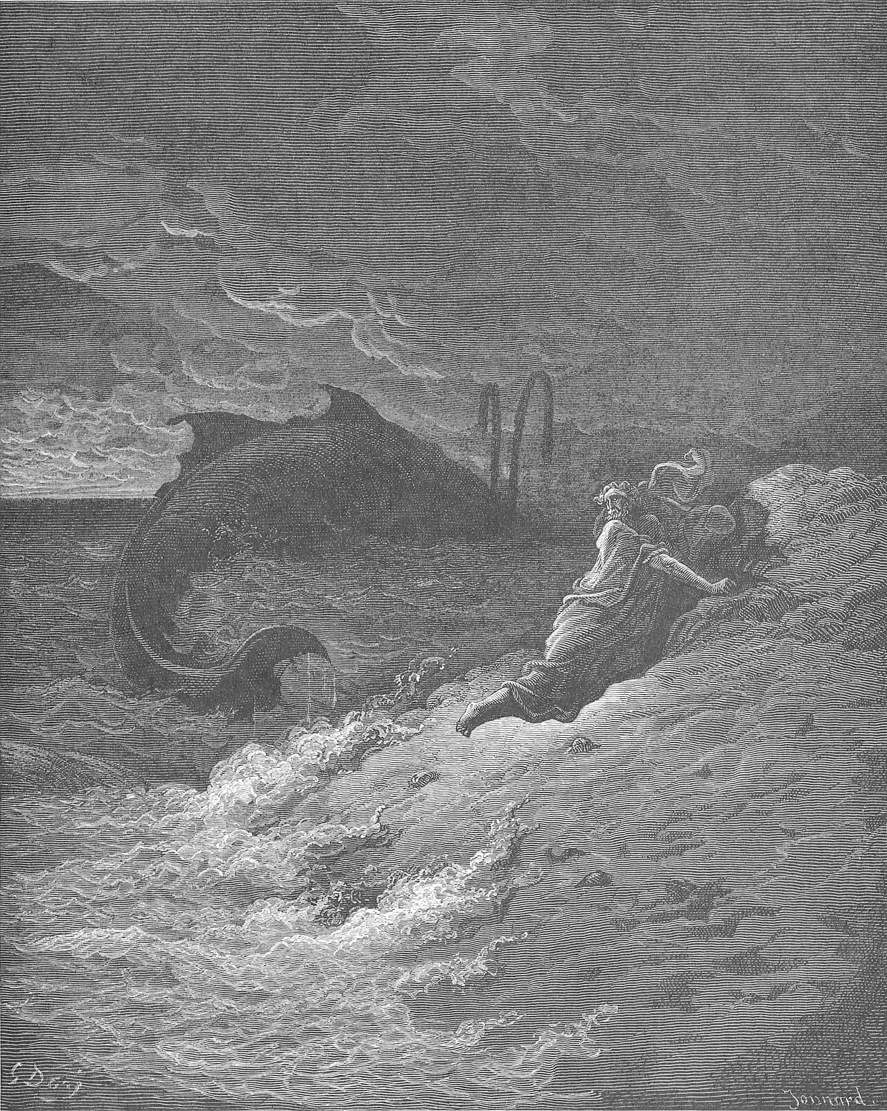 Gustave Doré's engraving of Jonah thrown onto a rocky shore in a storm, one hand on the rock, while the great fish turns back into the dark sea behind him
