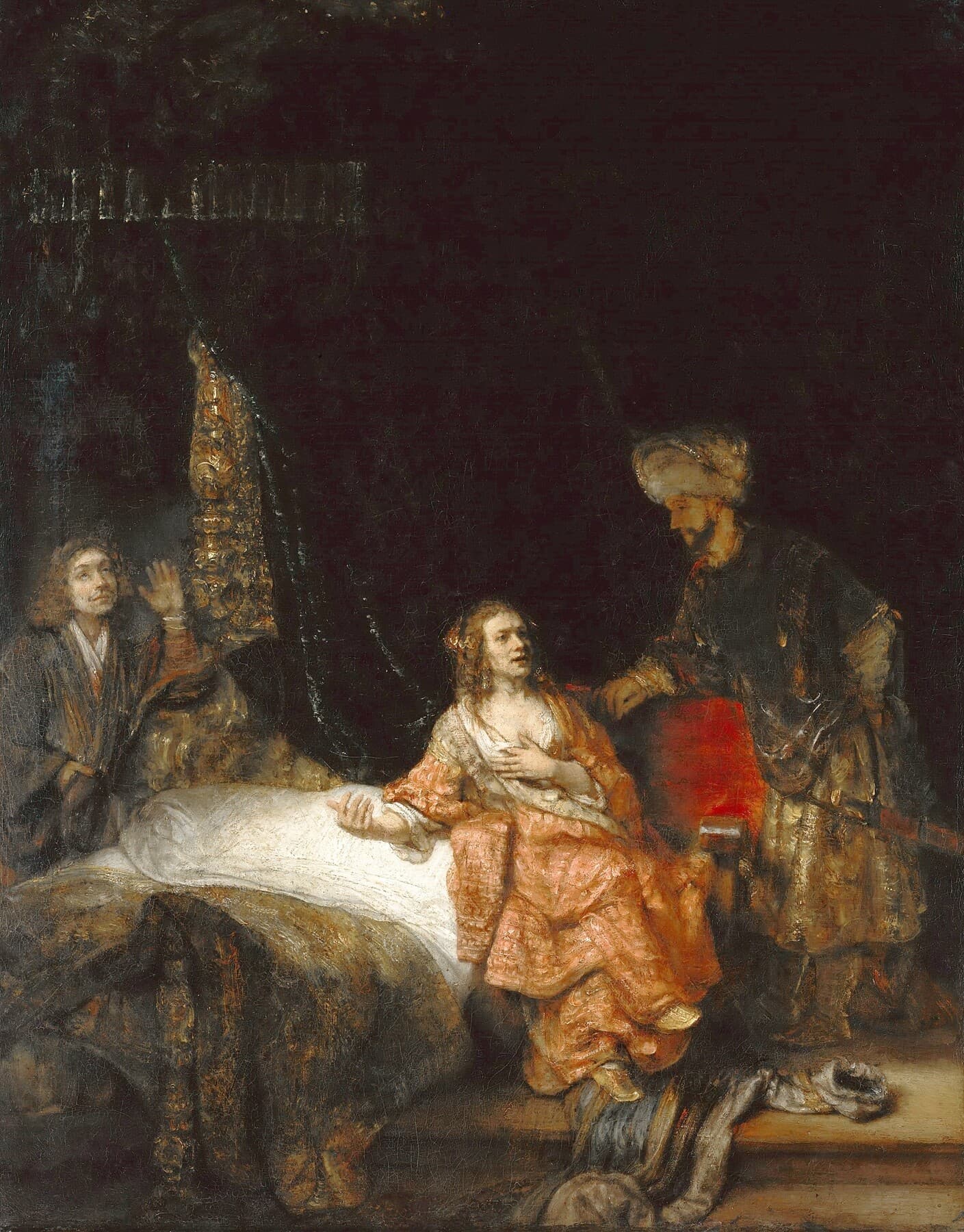 Rembrandt's painting of a woman in an orange gown seated by a bed with one hand on her breast, turning toward a bearded man in a turban who stands beside her, while a young man at the far side of the bed raises his hand