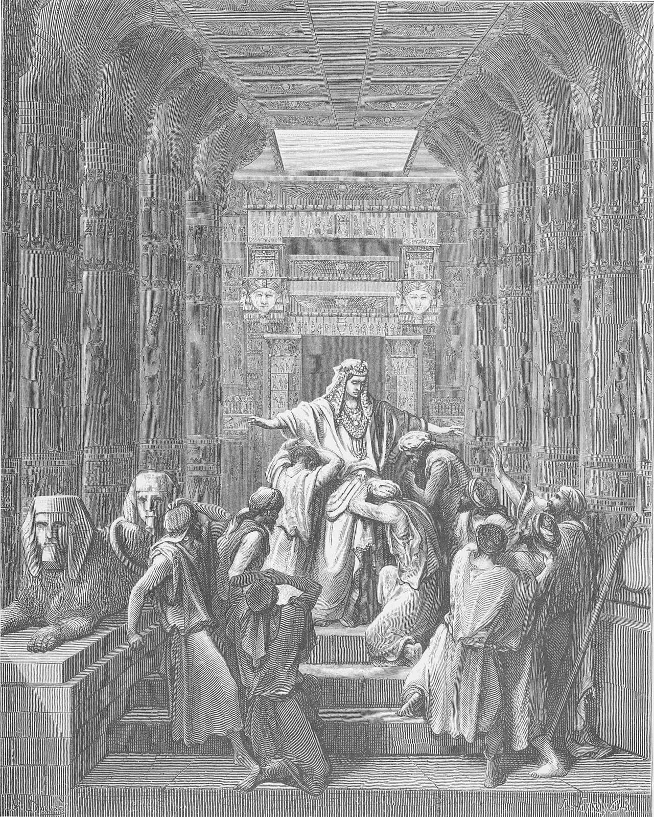 Joseph, in Egyptian headdress and jewelled collar, stands with his arms spread on the steps of a pillared hall carved with hieroglyphs, while his brothers kneel, weep and cover their faces around him