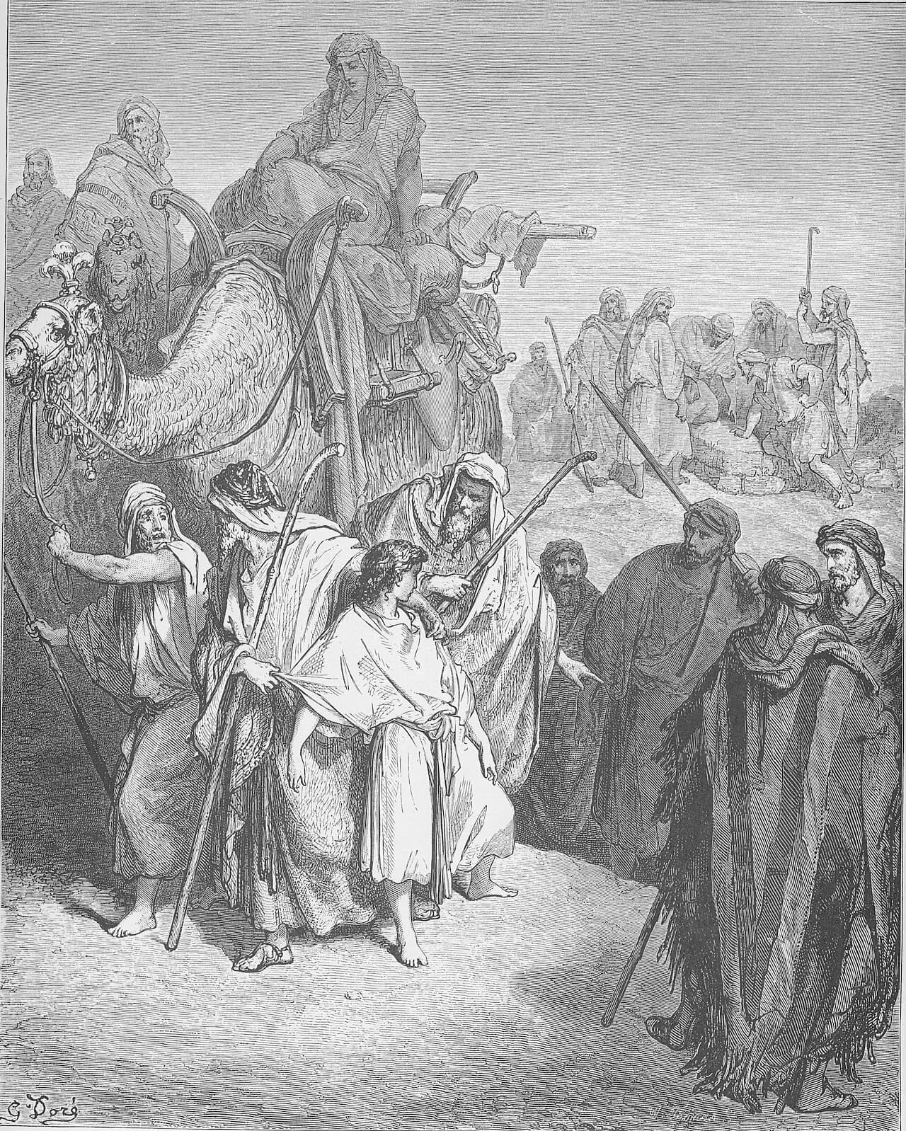 Joseph, a boy in a white tunic, is pulled toward a camel caravan by bearded traders with staffs, while his brothers stand to the right and men gather at the pit behind them