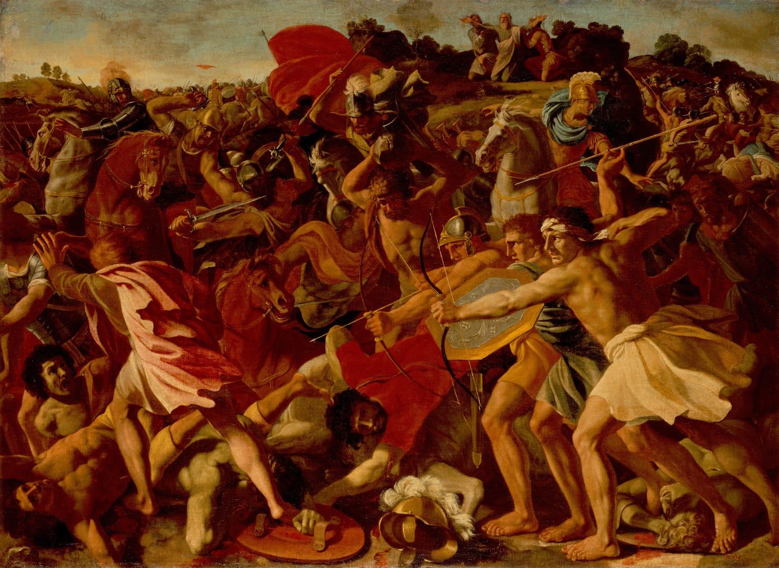 Nicolas Poussin's painting of a battle on a plain: soldiers on foot and on horseback fight across the canvas, and on a hill at the top right Moses stands with raised arms between two men