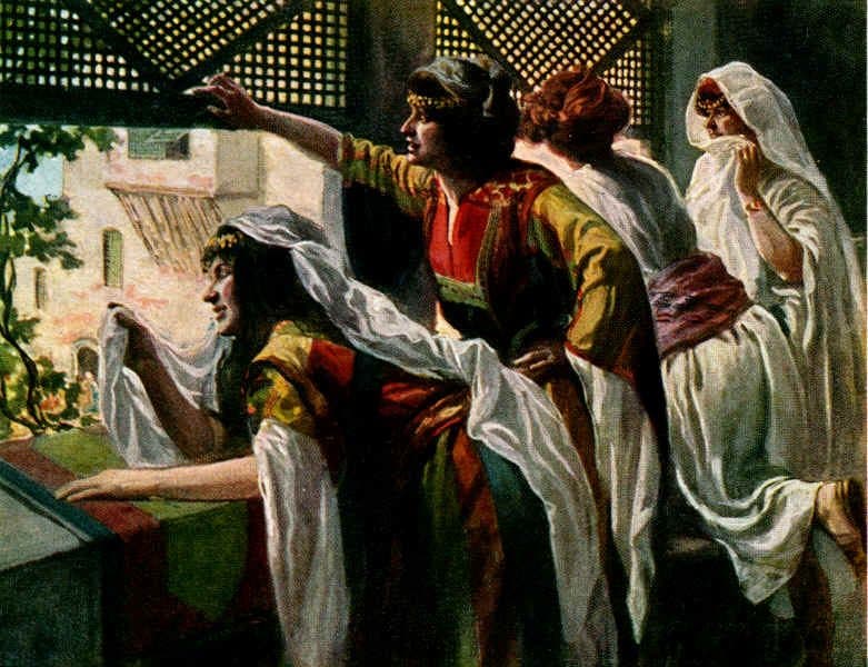 A painting of Michal and three women leaning at a latticed window above a city street, one of them pointing out at something below.